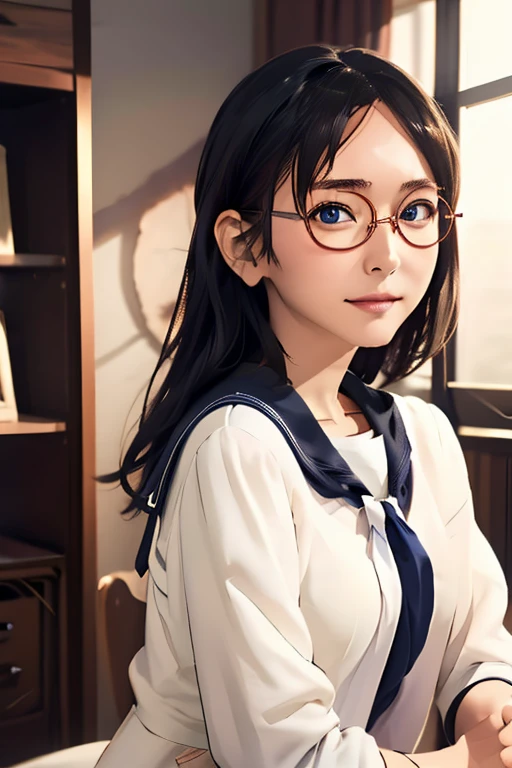 (masterpiece, highest quality), One Girl,  Satou, Satou, Glasses, 赤いフレームのGlasses, Sailor suit, Satou, Glasses, 赤いフレームのGlasses, 