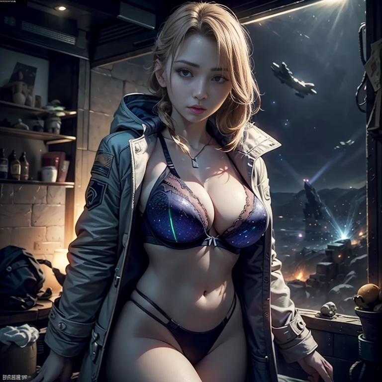 (High resolution、masterpiece:1.2)、Super detailed、(Photorealistic:1.37)、SF、Adventurer、Explore ancient ruins、Gorgeous detailed face and figure、Ideal proportions、Big Breasts、Beautiful long straight hair tied in a braided ponytail、blonde、(Stylish Bra Armor、Holographic Coat:1.4)、Dynamic pose、Dynamic angle、treasure hunter、interstellar background、Advanced technology、Glowing Light、Extraterrestrial relics、Exciting action、Breathtaking landscapes、Amazingly detailed alien architecture、Ethereal colors、天bodyの雰囲気、Out-of-this-world scenery、laser weapon、Intense emotions、Adrenaline-pumping adventure、Thrilling suspense、Action-packed quests、Distant future、A young and beautiful woman、見事な特徴と完璧なbody型で、大胆かつ恐れを知らないtreasure hunterとして描かれ、Explore the depths of ancient extraterrestrial ruins in outer space、This work、信じられないほどのHigh resolution(highest quality、4k、8k、High resolution、masterpiece:1.2)とSuper detailed(Photorealistic:1.37)Proud of its depiction of、The face of the hero、body、Captures every intricate detail of the surrounding environment、SFジャンルに重点を置いたThis work、Advanced technology、魅惑的なinterstellar background、Introducing the scenery of another world。キャラクターのDynamic poseと角度が、It adds energy and a sense of adventure to the scene.。彼女の長く美しいblondeの髪は細心の注意を払ってポニーテールに編み込まれており、Enhances aesthetic appeal、全body的な外観に優雅さを加えています、treasure hunterとして、She encounters various relics and ancient structures、それらは絶妙なディテールでEthereal colorsで描かれ、The celestial atmosphere captivates the audience.、In this work、The protagonist engages in a thrilling quest、It also features intense emotions and adrenaline-pumping action as you face dangerous challenges.、laser weaponと未来的な要素がSFの雰囲気を醸し出し、視聴者に視覚的に驚異的で没入感のあるbody験を提供します、natural breasts