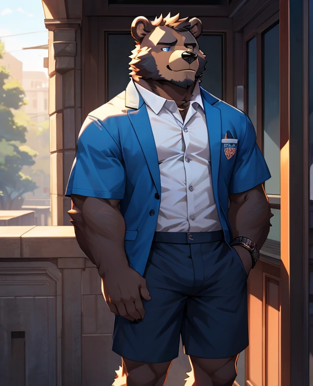 (masterpiece)，(Very detailed)，(best quality)，hairy，Bear，White fur，Sad eyes，Blue pupils，Bitter smile，(Short-sleeved shorts casual suit)，((Express))，8k，(high quality)，(Ultra HD)，(Ultra Detailed)