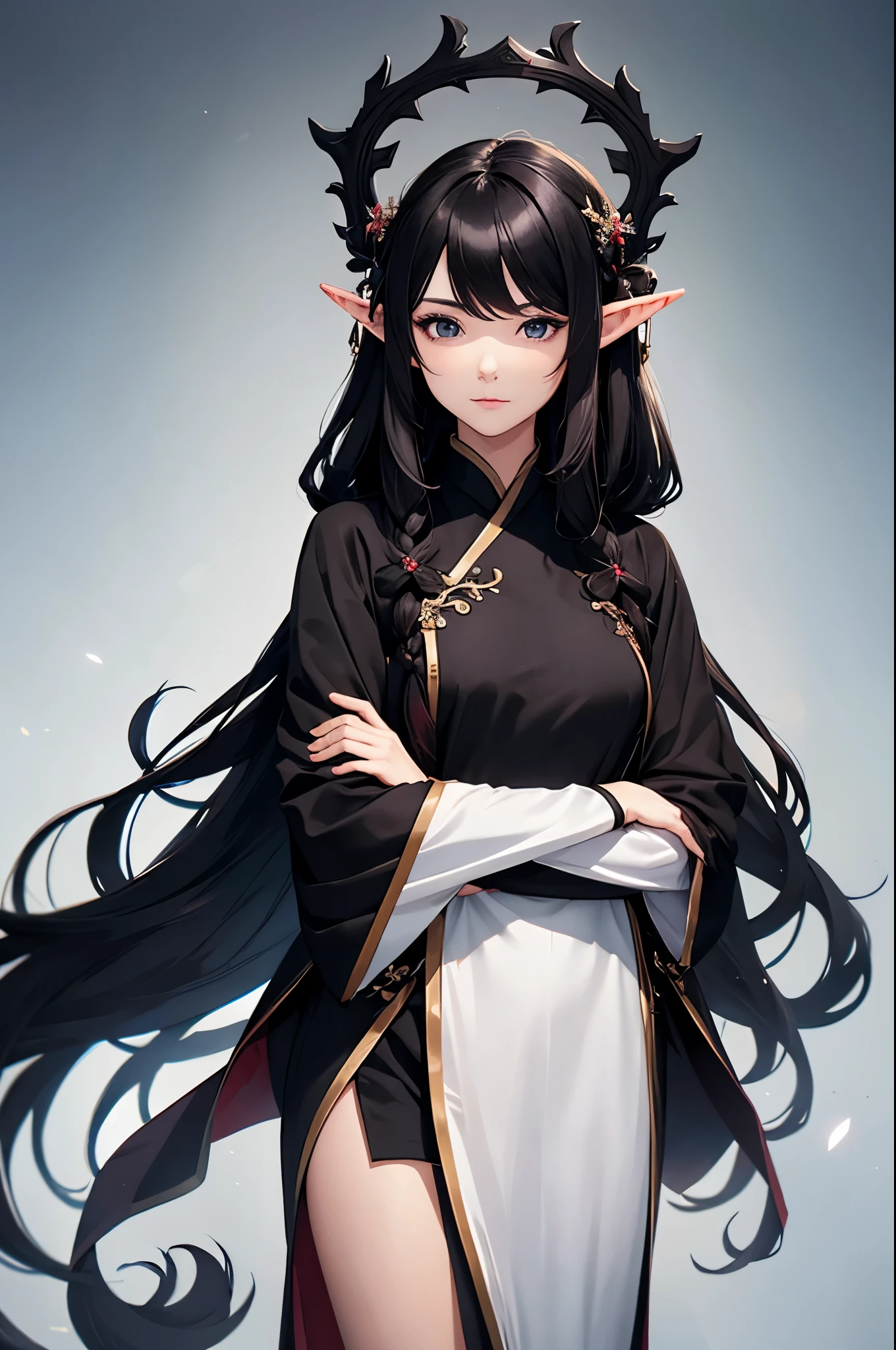 1girl, solo, cultivation, black clothes, black long curly hair, high elf, hanfu