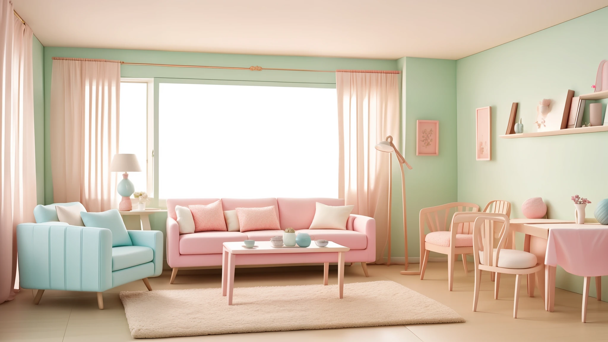 The same room divided into four parts representing the four seasonasterpiece、perfect dimming、Atmospheric、Cute room for women、Simple interior with little furniture、pastel colour、８ｋ、Clay Rendering、