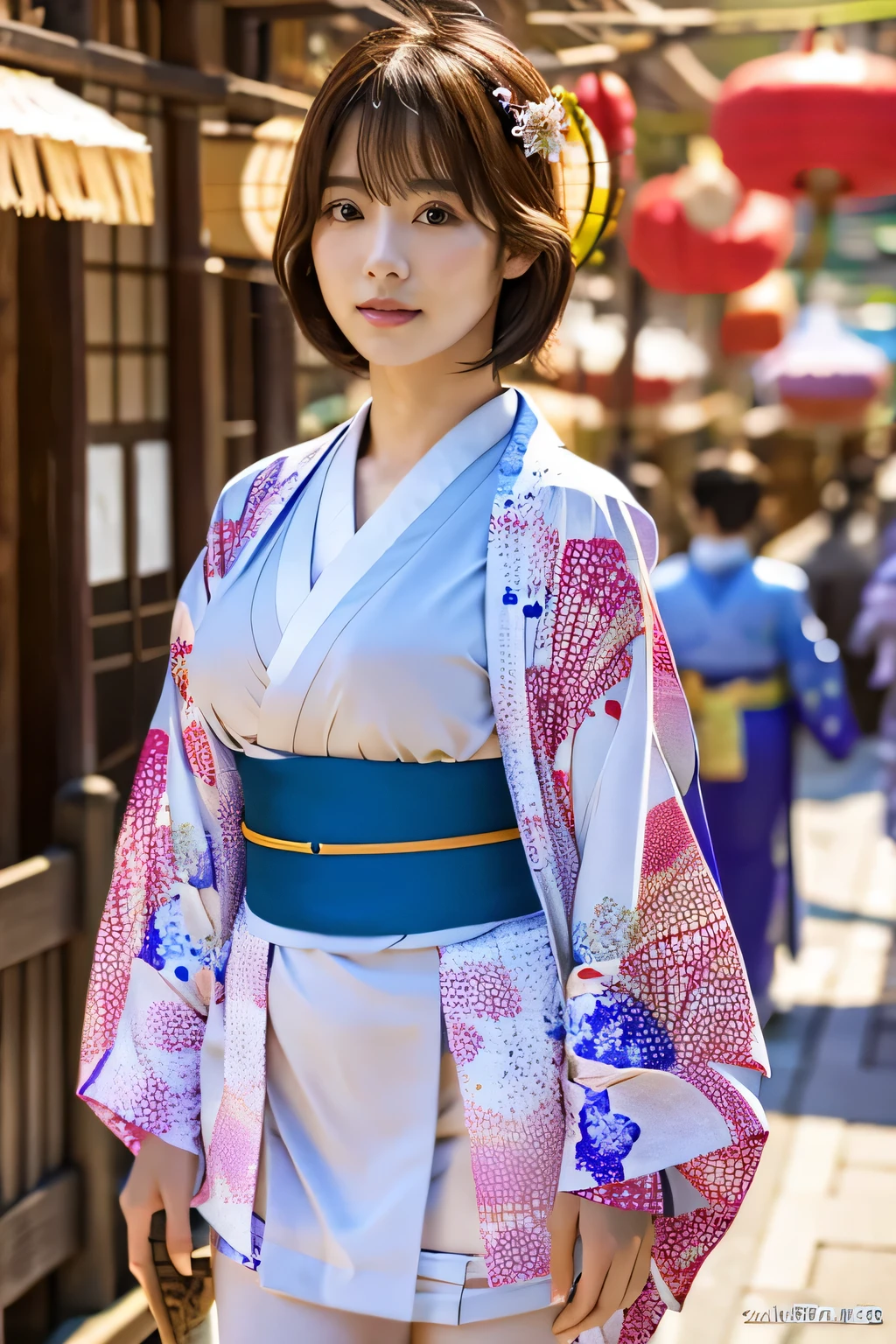 (Summer kimono:1.5)、(Japanese festivals:1.5)、(Full-body photo:1.5)、highest quality, Photorealistic, Very detailed, finely, High resolution, 8K Wallpaper, Professional, High level of detail, ((One 18 year old girl:1.2)), Slender Japanese women,Pretty lips, (Beautiful long lashes:1.2)、Detailed clavicle, Perfect Face, (Cute short bob hair:1.5),Top Quality,Ultra-clear resolution,Clear Eyes,Sunburned skin,Perfect large breasts,have perfect legs,