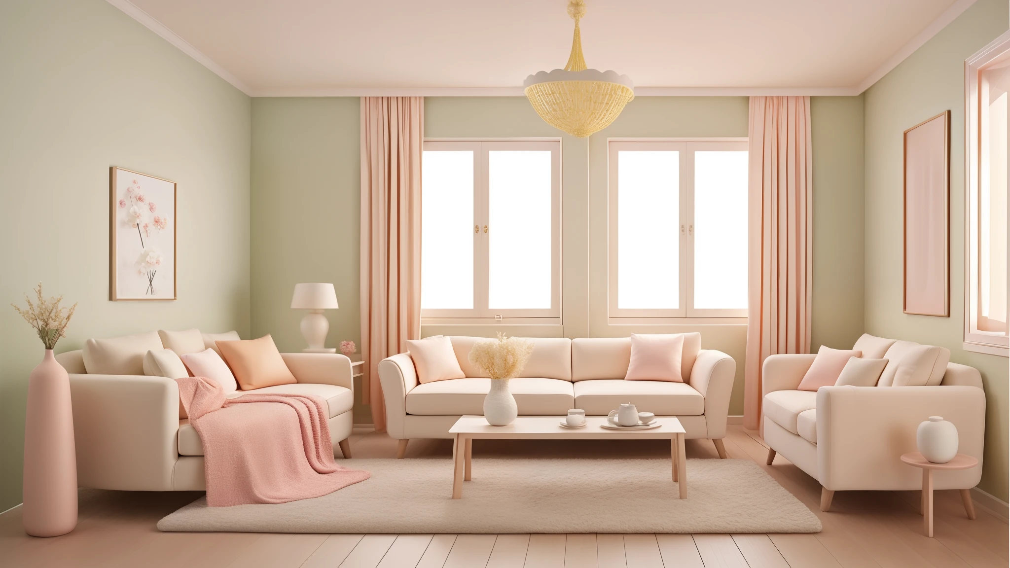 The same room divided into four parts representing the four seasonasterpiece、perfect dimming、Atmospheric、Cute room for women、Simple interior with little furniture、pastel colour、8k、Clay Rendering、