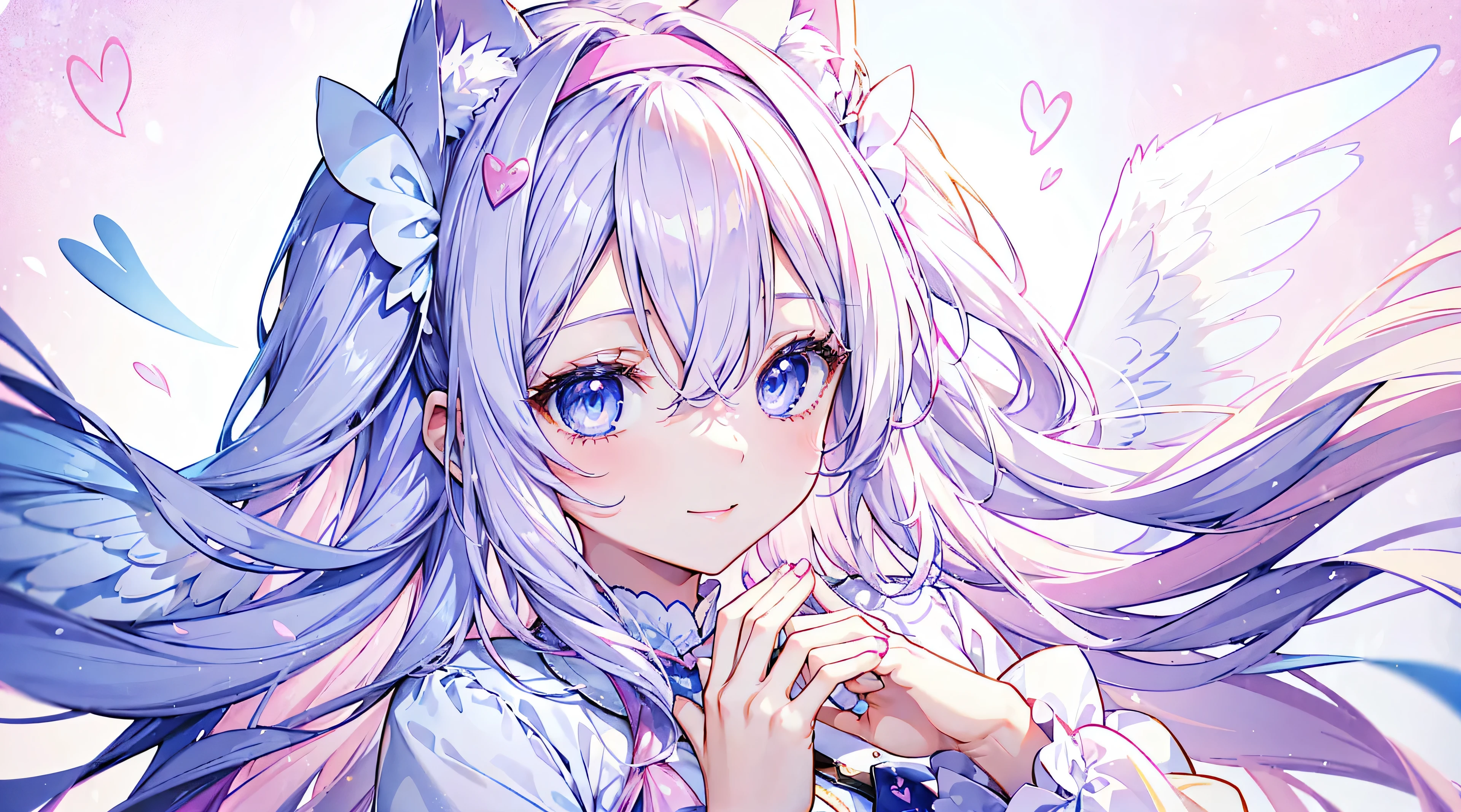 Beautiful and lovely woman with long white hair and blue eyes、Front view、Face close-up、24-years-old、Adorable smile、Angel wings on your back、She has a pink headband with a heart mark on it tied around her forehead with both hands.、pastel colour、Pink background with falling hearts、Wearing white pajamas with cat ears