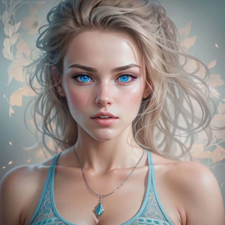 epic realism, natural realistic style, realistic face shape body shape and proportions, frontale perspektive, body and face absolutely straight from the front, 25 year old woman with upper body in a white tank top, with blue eyes and a staring seductive look, silbernem rebellisch und wild zerstreutes langes Haar, stunning face portrait and upper body, extremely detailed and Artgerm similar, hoch realistisch gezeichnet, a portrait of a 25 year old girl with blue eyes, bis zum Modell, hohe Detailgenauigkeit, similar in style of artgerm, hintergrund eimfarbig weiss-grau