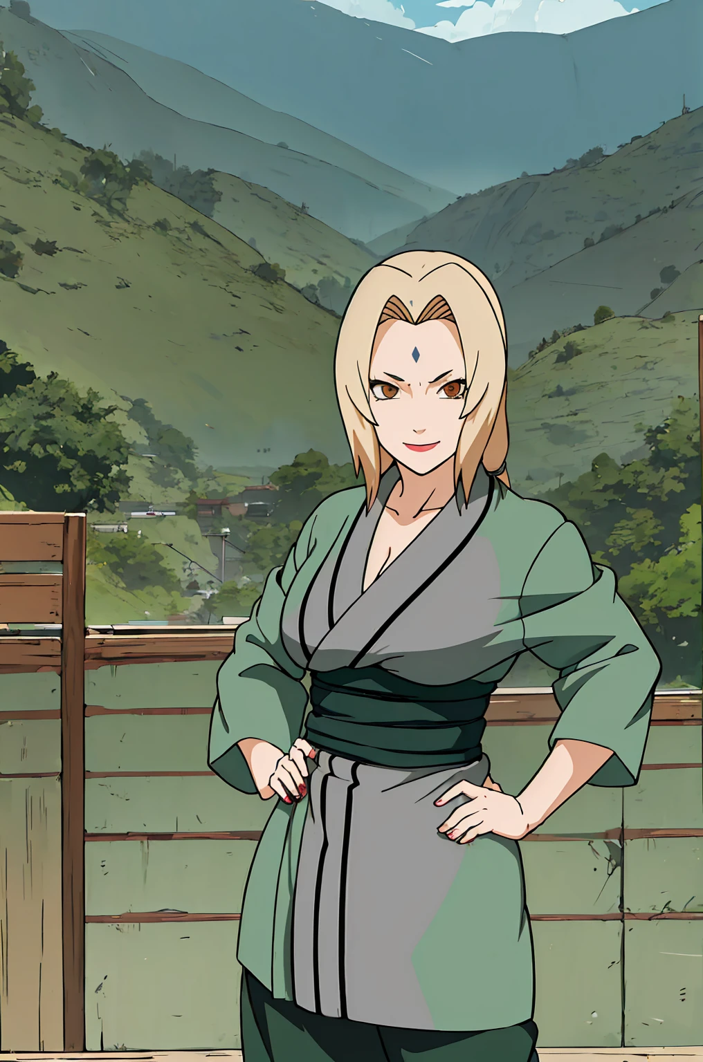 (masterpiece, highest quality:1.2), alone, One Girl, Tsunade Defense, Forehead mark, smile, View your audience, Hands on hips, kimono, Green haori, Gray kimono, sash, pants 