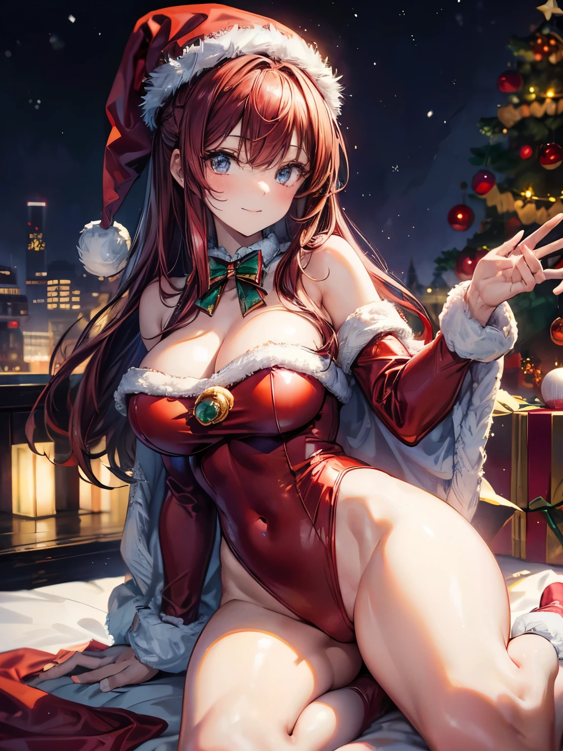 highest quality、Nice sexy body、One Woman、solo、(Beautiful busty woman:1.5)、Medium hair woman、((Woman with dark red hair))、Santa Claus Costume、Woman wearing a Santa Claus hat、(A woman wearing a red Santa Claus high-leg leotard:1.3)、A woman wearing brown pantyhose、A woman wearing a red Santa Claus cape、Smiling woman、Christmas tree、Snowy cityscape、illumination