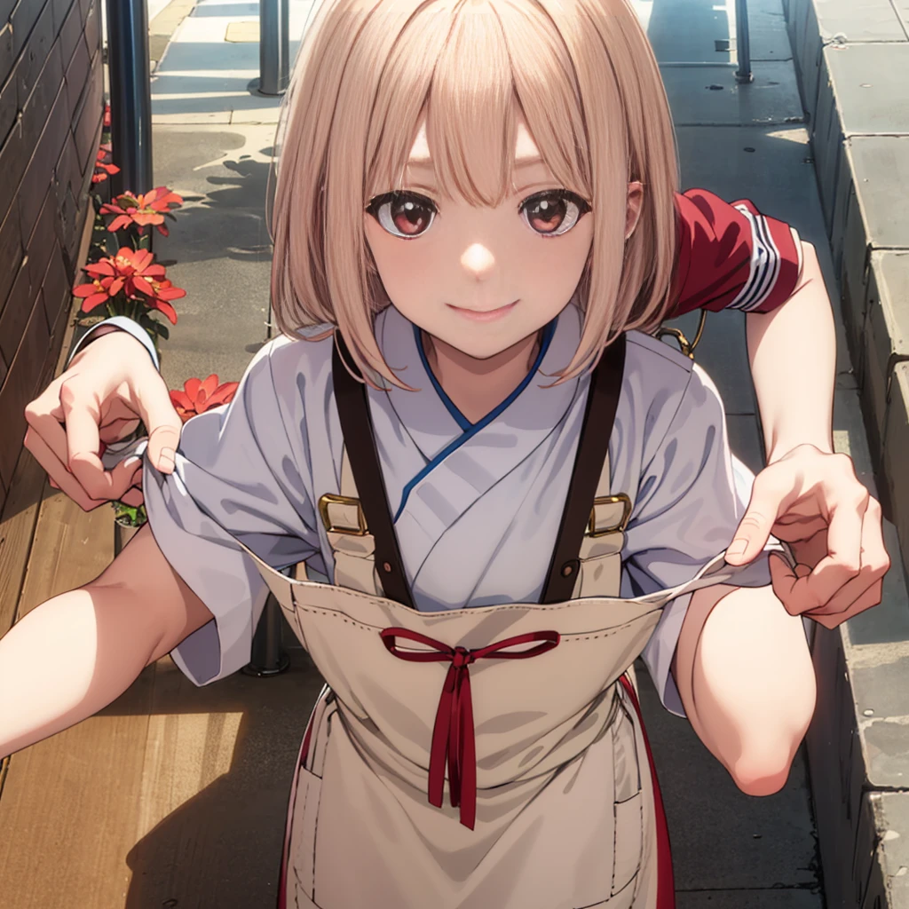 (front:1.3) face focal, looking down, looking at viewer, smile, closed mouth, wearing only an apron (Chisato Nishikigi from Lycoris Recoil)