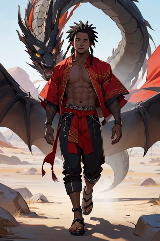 An African boy in normal red age clothes with small dreadlocks black skin walking in the African desert meets a large black dragon standing, garoto com rosto perfeito olhos castanhos, rosto perfeito, ((melhor qualidade)), ((obra de arte))