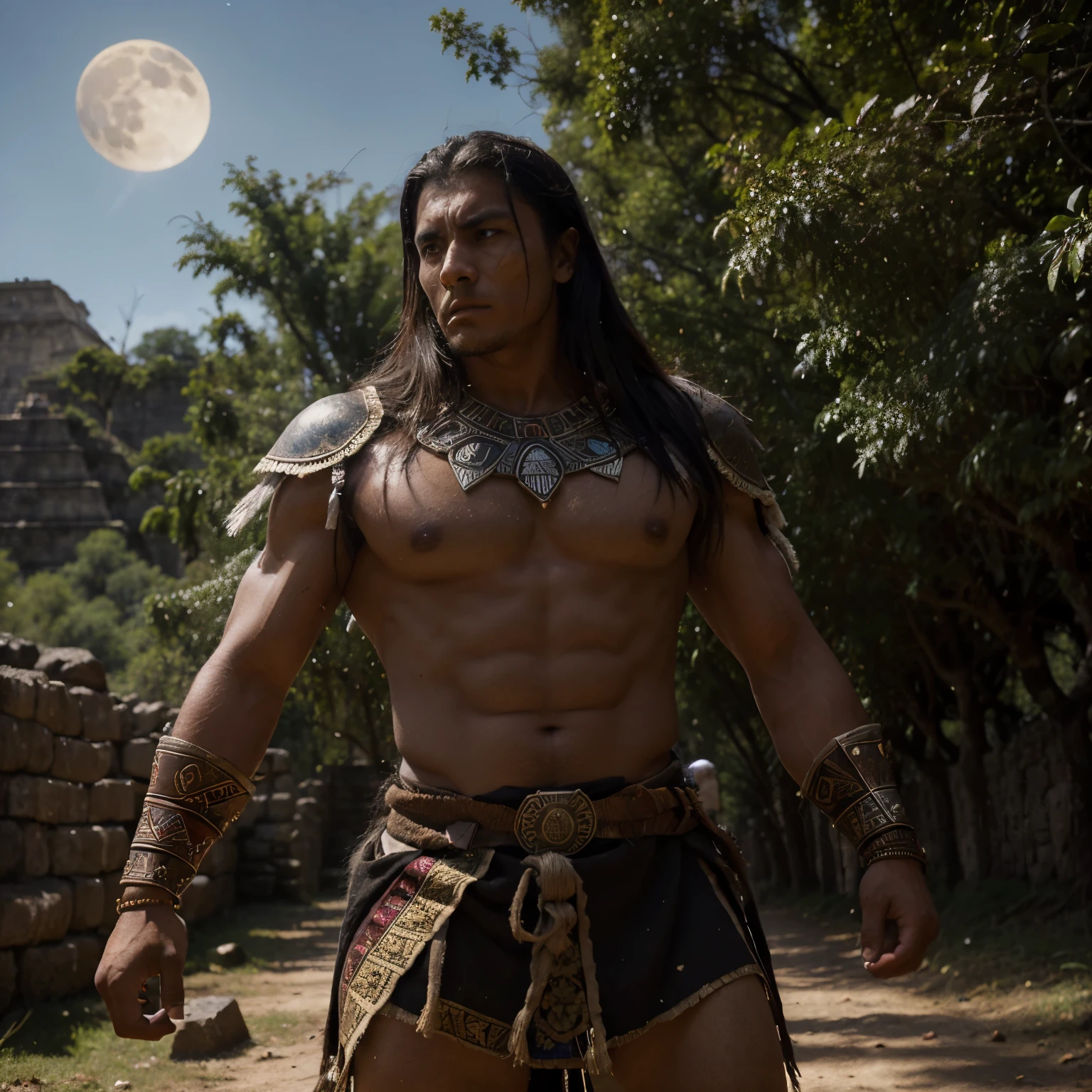 En medio de un bosque oscuro, illuminated only by the weak light of the moon, An Aztec warrior emerges victorious over a fallen colonist. Con una pose majestuosa y poderosa, el gerrero, vestido con una armadura ornamentada y un casco emplumado, He holds his macuahuitl imbued with powerful Aztec symbols. His fierce and determined gaze shows the intensity of the battle as he looks at the defeated colonist with disdain..

El colono, desplomado en el suelo, mira al guerrero azteca con una mezcla de miedo y asombro, su mirada perdida en la oscuridad. His torn clothes and desperate expression reflect his defeat before the power of the indigenous warrior.. A lo lejos, the imposing silhouette of an Aztec pyramid rises among the dense vegetation, remembering the greatness and ancient glory of the Aztec civilization.

The contrast between the strength of the Aztec warrior and the vulnerability of the defeated colonist creates a stunning scene that captures the epic clash between cultures amid the mysterious beauty of the night forest and the majesty of the Aztec pyramids..