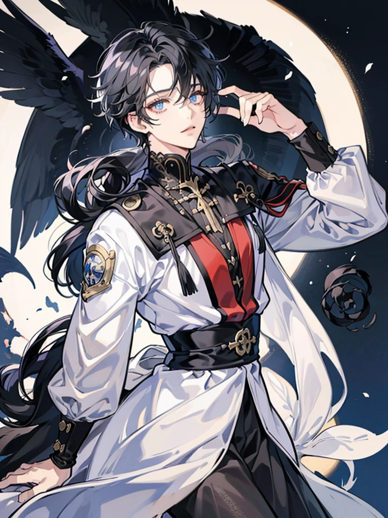 de anime, black and white messy hair, olhos vermelhos, usa um tapa olho preto, veste um sobretudo escuro por cima de um casaco preto com detalhes cinzas, dois cintos