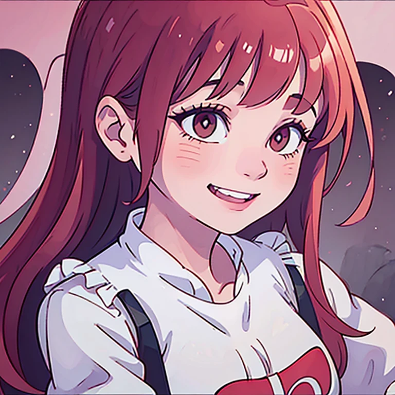 draw a smiling girl with bangs with intense pinkish red medium hair that looks like a 2D Disney drawing