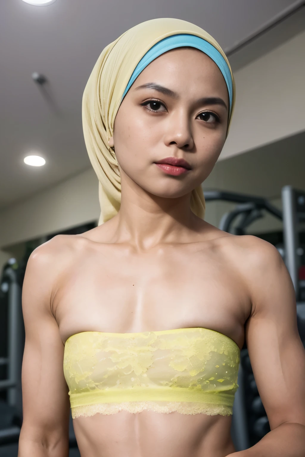 ((SHORT HIJAB)), ((Flat chest:1.7)), (dynamic photograph of a 58 year old Indonesian woman), (slim top, cotton panties), (straight non curly hair), (highly detailed face:1.4), (vascular muscles and abs:1.3), (background inside light, bright, private gym:1.1), (8k, uhd, dslr, high quality, cinematic lighting, bokeh), (dramatic, award winning photography, incredible masterpiece:1.3), (((sexy sultry stare at camera:0.8))), close up, ((she is ready to dominate you:0.5)), ((beautiful feminine face)) (she is a champion MMA fighter), add_detail:1, ((Wearing strapless pastel)) lace yellow fluorescence , from behind view, seductive pose, straddling ,