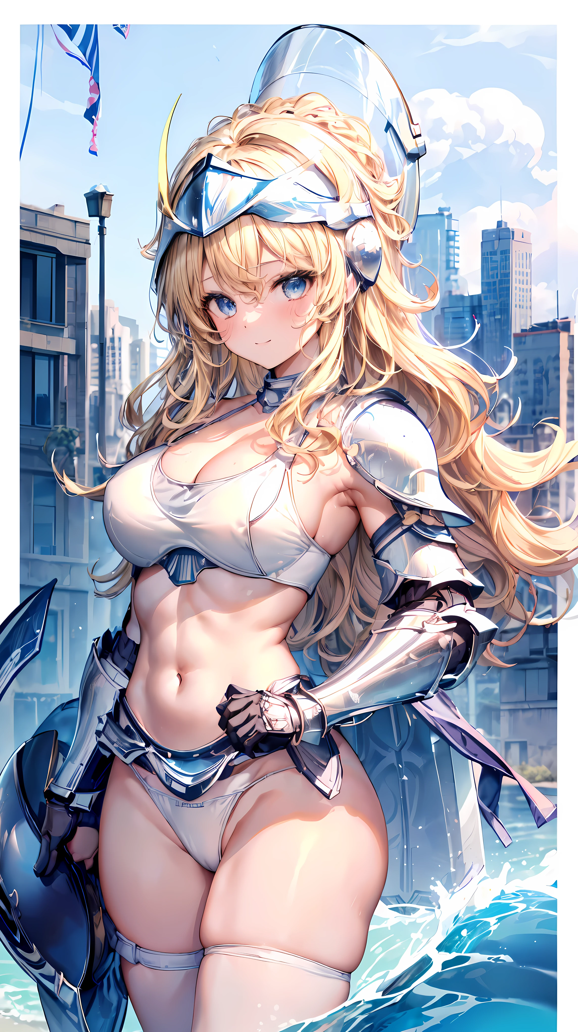 Adult women、Very detailed、highest quality、Best image quality、masterpiece、8k、Anime Face、A kind smile、Open your mouth、Sparkling blue eyes、(Blonde Wavy Hair:1.5)、、Muscles of the whole body、camisole、Thigh belt、mini skirt、(Wearing white bikini armor:1.5)、(Cowboy Shot:1.5)、(Leg armor:1.5)、(Wearing a helmet:1.5)