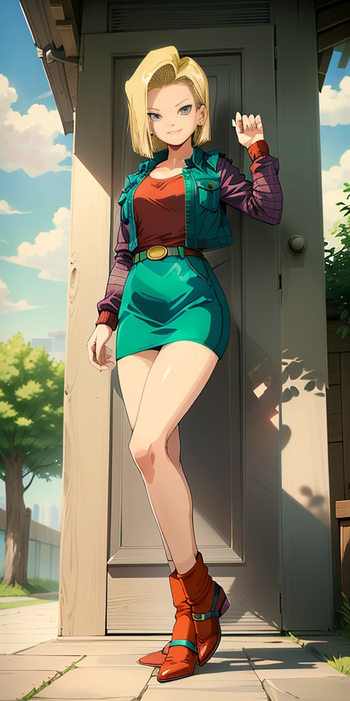 (Full body, view from below, cowboy shot, looking at viewer, masterpiece, best quality, ultra detailed, immaculate:1.2) Android 18 from DBZ, 30 y.o. woman, red eyes, short BLONDE hair, posing for photo, seductive smile, grey jacket, red necktie, green skirt, Sakura tree, building
