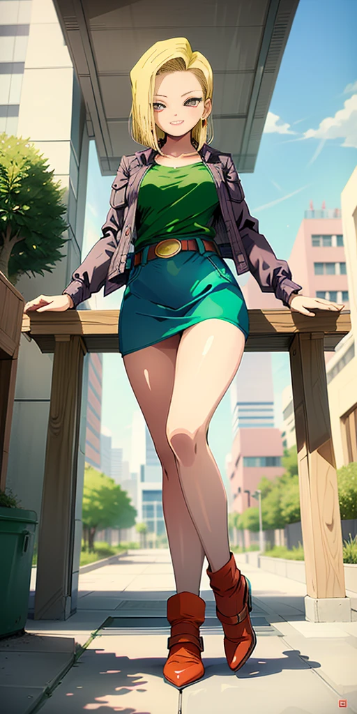 (Full body, view from below, cowboy shot, looking at viewer, masterpiece, best quality, ultra detailed, immaculate:1.2) Android 18 from DBZ, 30 y.o. woman, red eyes, short BLONDE hair, posing for photo, seductive smile, grey jacket, red necktie, green skirt, Sakura tree, building