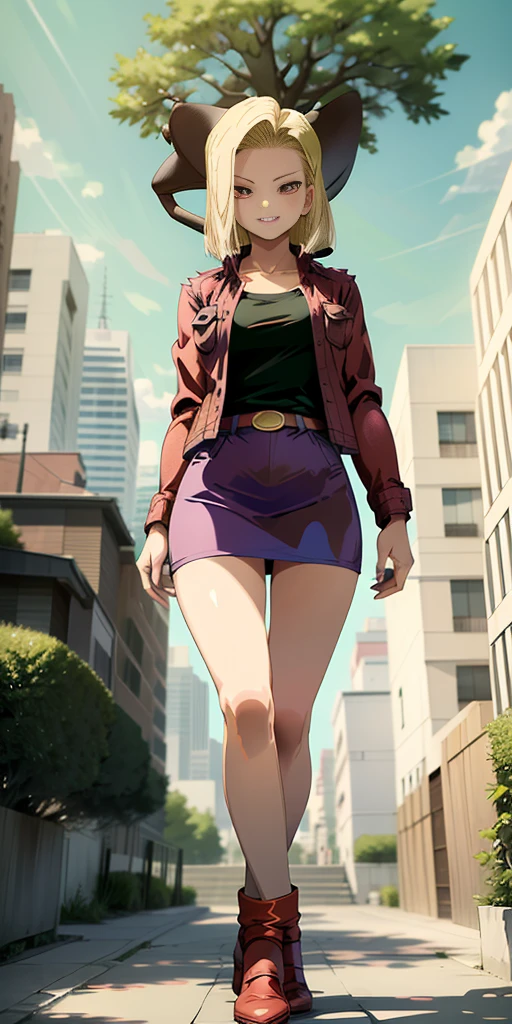 (Full body, view from below, cowboy shot, looking at viewer, masterpiece, best quality, ultra detailed, immaculate:1.2) Android 18 from DBZ, 30 y.o. woman, red eyes, short BLONDE hair, posing for photo, seductive smile, grey jacket, red necktie, green skirt, Sakura tree, building
