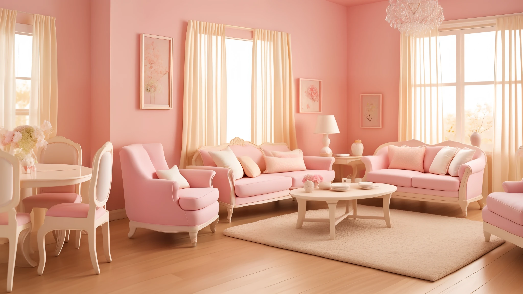 The same room divided into four parts representing the four seasonasterpiece、perfect dimming、Atmospheric、Cute room for women、Simple interior with little furniture、pastel colour、８ｋ、Clay Rendering、