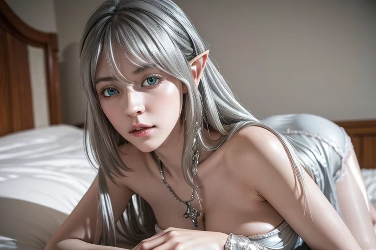 shokokomidef, Ultra realistic, 16k, high quality, incredibly detailed, dream aesthetic, dream atmosphere, Tessia (from the beginning after the end), tall, elf, realistic silver silky hair, hair messy fringe, turquoise real shiny eyes, long (pale-silver) hair fluttering, blushing cheeks, pale skin illuminated,realistic perfect shading, absurdres, realistic textures, solo, alone, 1girl, tall, looking at viewer, standing, large realistic natural breasts, cleavage, pantyhose, royal golden nightgown with white details (realistic texture), different positions at different angles, great royal bedroom (background unfocused), masterpiece, best quality, Photorealistic.