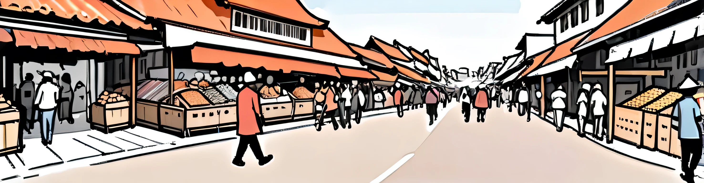 {{masterpiece, best quality, cartoon}}, a crowded of Asian people walking at a traditional market ink sketch isolated on a white background urban sketching panorama view