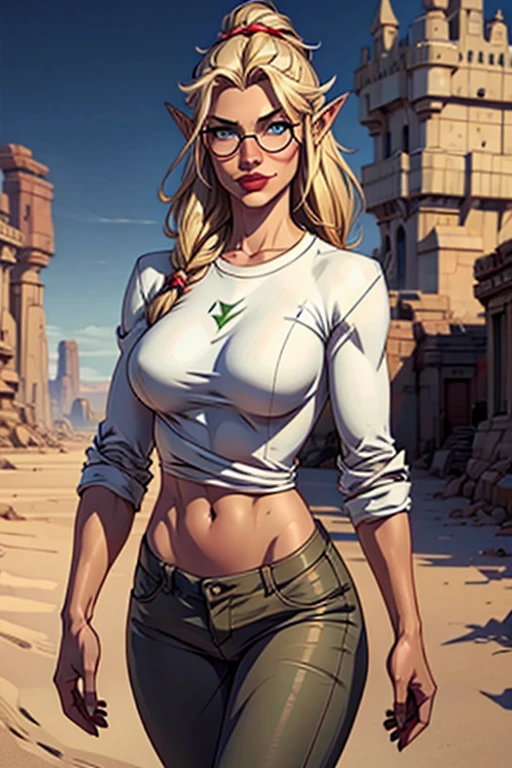 ((best quality)), ((artwork)), ((realistic)), ((best quality)), ((artwork)), ((realistic)), female elf, walking in the desert, looking tired, wear loose clothing Long-sleeved shirts and pants(medieal style), headgear, sunglasses, very handsome, in a natural and casual style at eye level, Scenic, work of art, (high resolution), original, extremely detailed 8K, (photorealistic: 1.4), flawless face, perfect eyes, symmetrical body shape, smile, female elf