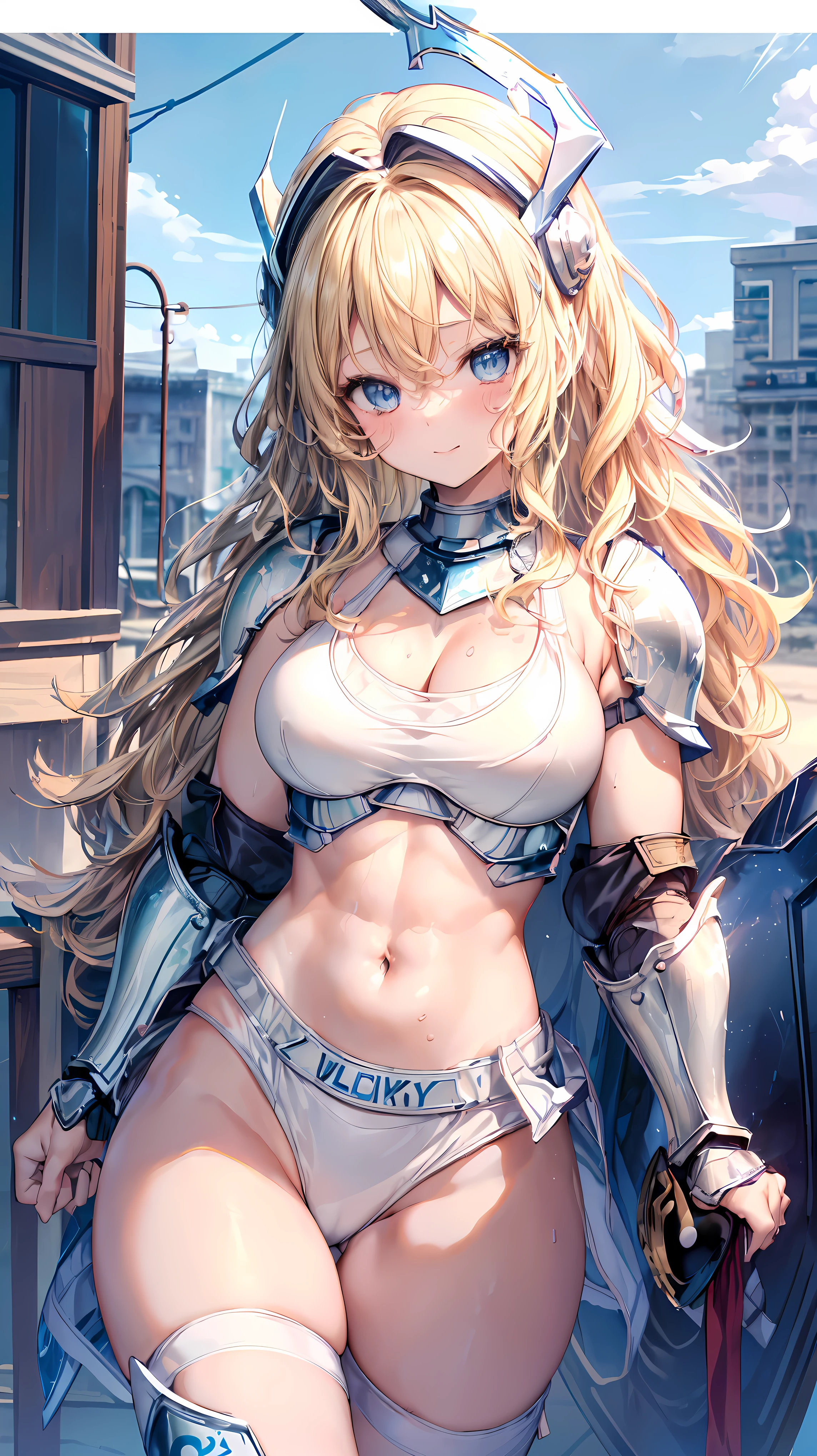 Adult women、Very detailed、highest quality、Best image quality、masterpiece、8k、Anime Face、A kind smile、Open your mouth、Sparkling blue eyes、(Blonde Wavy Hair:1.5)、、Muscles of the whole body、camisole、Thigh belt、mini skirt、(Wearing white bikini armor:1.5)、(Cowboy Shot:1.5)、(Leg armor:1.5)、(Wearing a helmet:1.5)