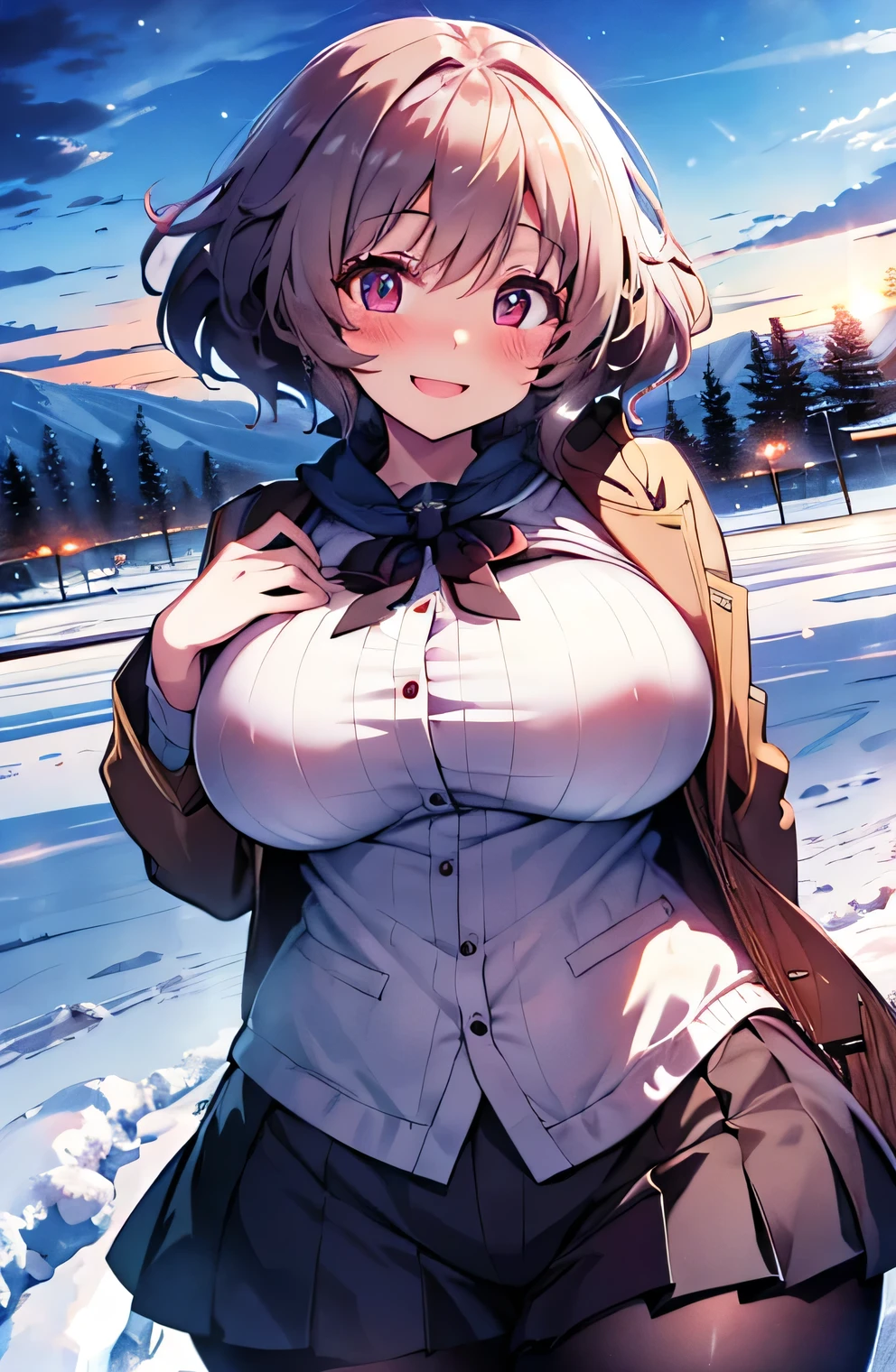 Anime illustration、highest quality、A short and voluptuous high school girl traveller、Airports in Snowy Regions、Perfect proportions、overwhelmingly big breasts、Beautiful, shining eyes、Blushed、smile、Cowboy Shot