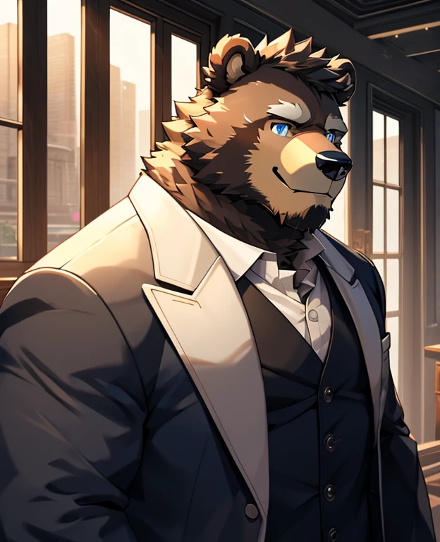 (masterpiece)，(Very detailed)，(best quality)，hairy，Bear，White fur，Sad eyes，Blue pupils，Bitter smile，(Suit)((Express))，8k，(high quality)，(Ultra HD)，(Super detailed)