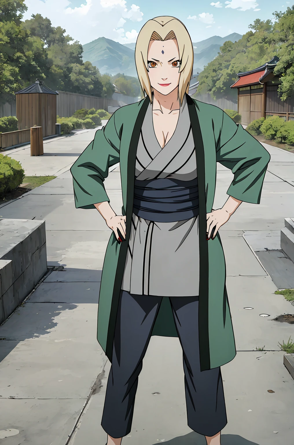 (masterpiece, highest quality:1.2), alone, One Girl, Tsunade Defense, Forehead mark, smile, View your audience, Hands on hips, kimono, Green haori, Gray kimono, sash, pants 