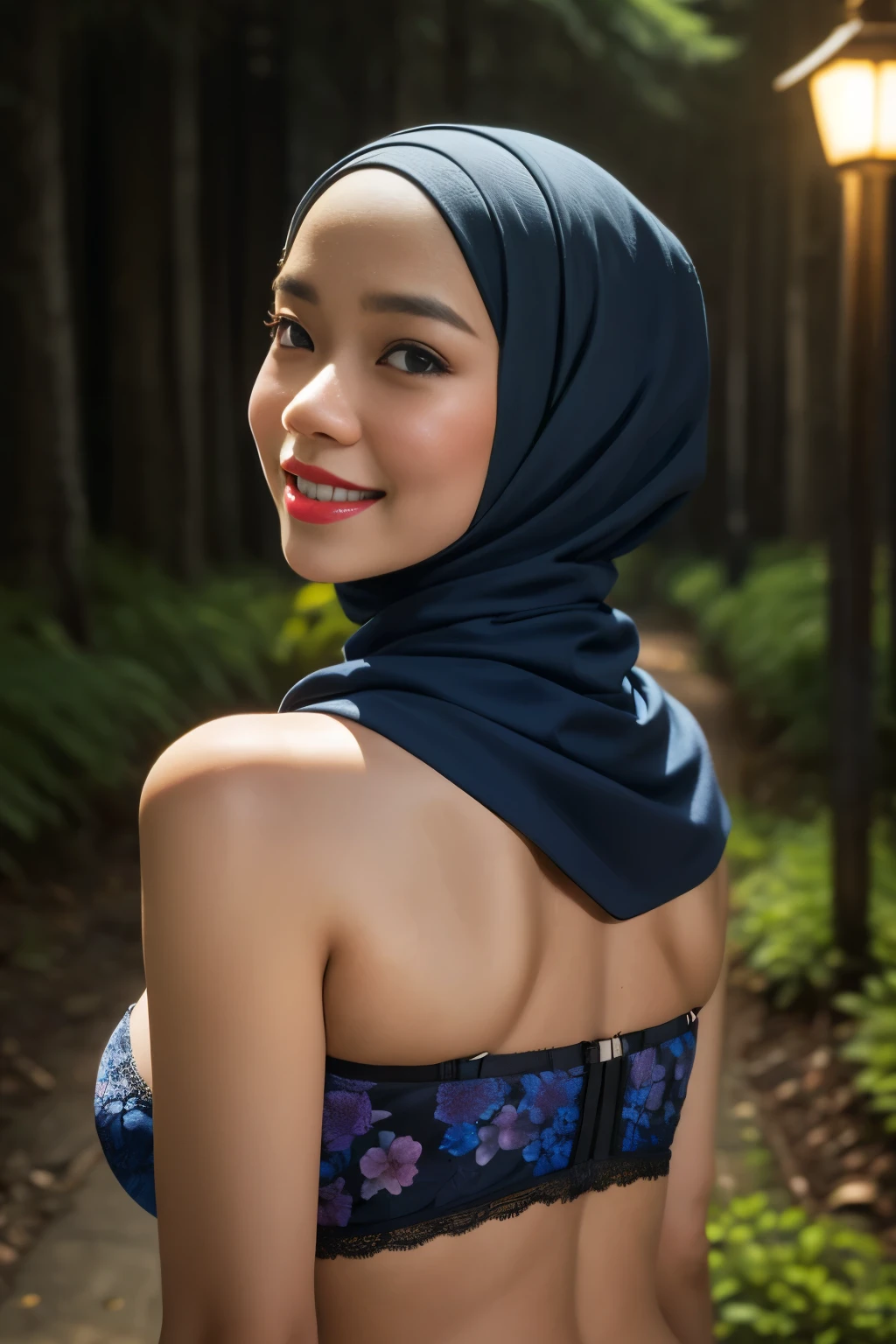 Lace, (Happy smile), (((HIJAB MALAY GIRL))), masutepiece, High quality, UHD 32K, Realistic face, Realistic skin feeling , A Japanese Lady, , , Very cute and baby-like face, (((FLAT CHEST))), (Night time at forest), ((look In front at the camera and SADNESS)), (((FLUORESCENCE))), (((CUTE GIRL))), ((YELLOW LIPS)), ((Floral Pattern)) little wearing strapless bra, strapless colorful bra, dark night horror scary place (from behind up) seductive pose