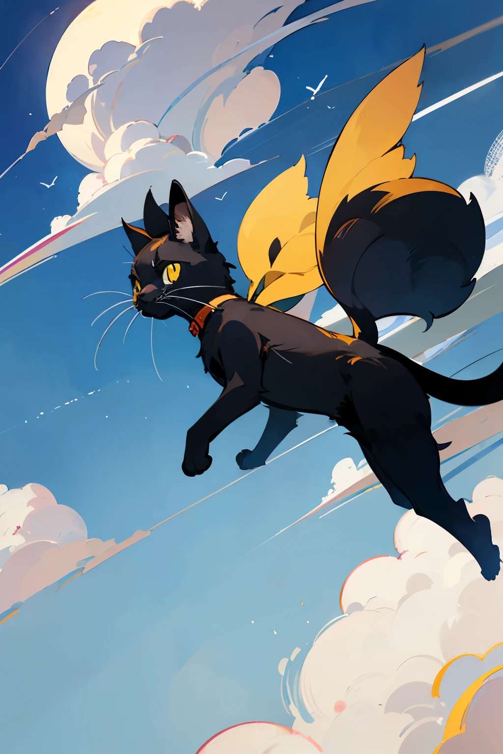 a black cat in the sky cartoon, illustration