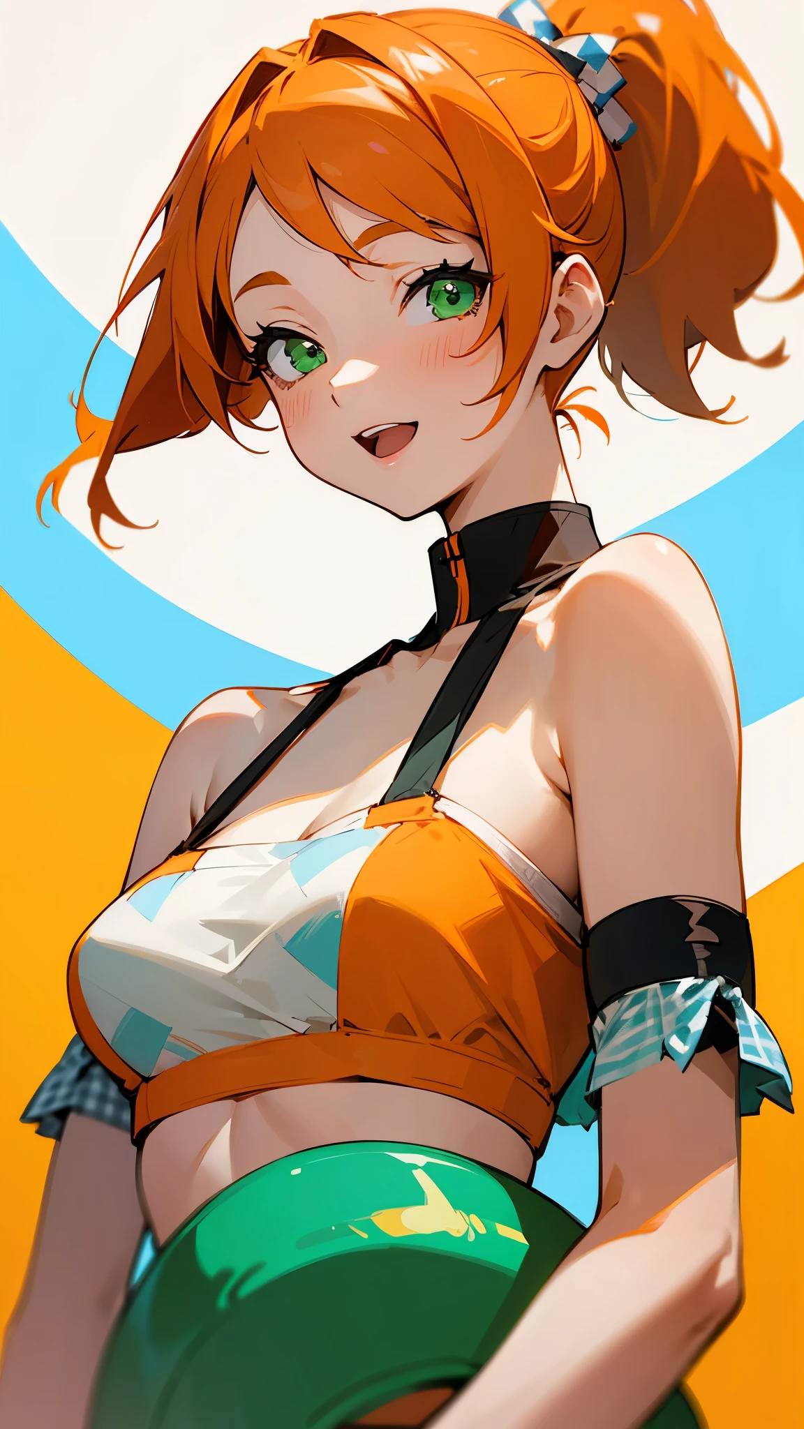 1 girl、anime painting、Orange Hair、Beautiful green eyes、Side Ponytail、Vibrant colors、black and white tube top bra、Gingham check tube top bra、My chest is a little visible、smile、Open your mouth、From the side、Upper body close-up