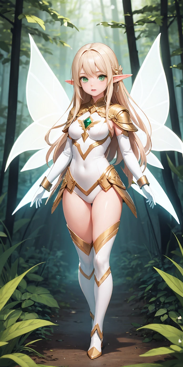 (masterpiece, best quality) (full body:1.2) (standing) (small fighting elven 1girl:1.2) (magical) (cute,adorable:1.2) (ultra quality skin:1.2) blonde hair, green eyes, medium breast, beautiful, detailed, enchanted breastplate with precious gemstones white thigh-high greaves, seductive pose in a forest, magic flora, detailed face and eyes, volumetric light (FAIRY WINGS ON BACK) (FAIRY WINGS FROM BACK)