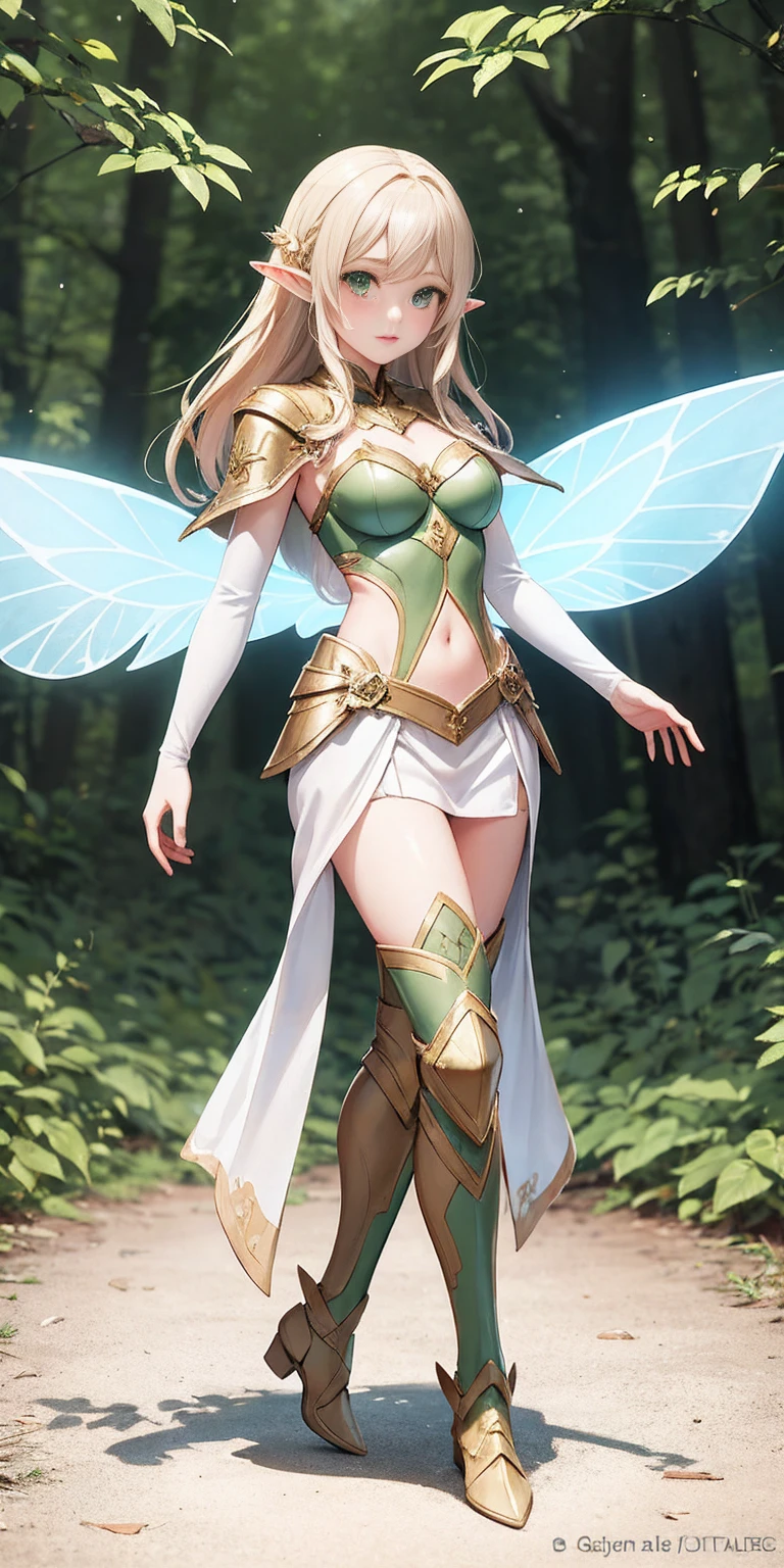 (masterpiece, best quality) (full body:1.2) (standing) (small fighting elven 1girl:1.2) (magical) (cute,adorable:1.2) (ultra quality skin:1.2) blonde hair, green eyes, medium breast, beautiful, detailed, enchanted breastplate with precious gemstones white thigh-high greaves, seductive pose in a forest, magic flora, detailed face and eyes, volumetric light (FAIRY WINGS ON BACK) (FAIRY WINGS FROM BACK)