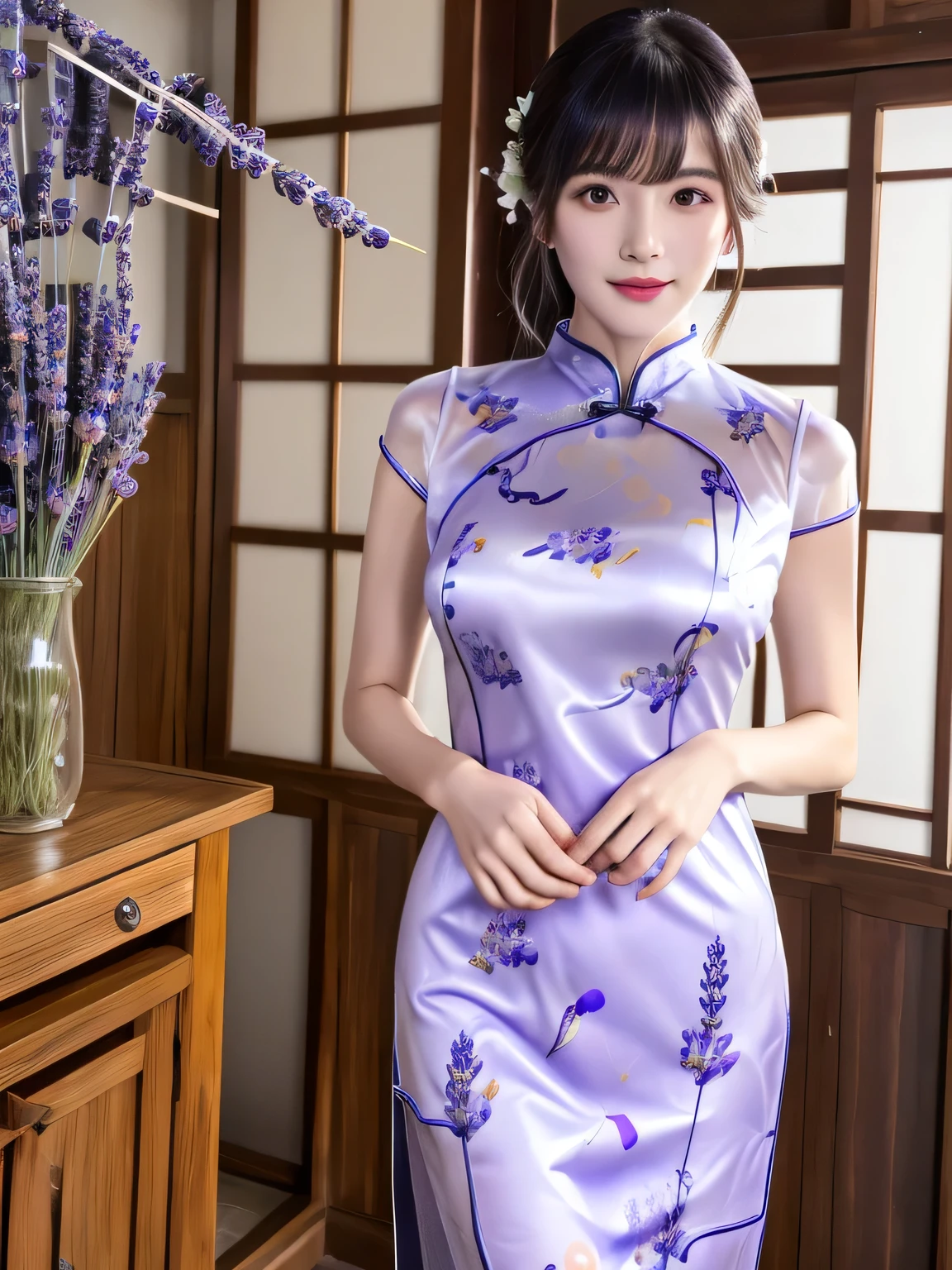 (Tabletop:1.0), (highest quality:1.4), (High resolution:1.2), (Realistic:1.4),(From below:1.5), (8k, RAW Photos:1.2), She is wearing a Chinese dress, She is wearing a Chinese dress ,(Semi-transparent lavender cheongsam print floral pattern:1.4), Slime Skin, Smooth and tight ,  Clear skin, Translucent body, Matte Dress, Gloves that feel right next to your skin,Bob Hair, Gal Makeup, Japanese Goddess, Glowing Skin, Gorgeous Japanese Model, Detailed Background, bangs, ((Long Hair)), Lavender colored Chinese dress、Big breasts Stand up straight、indoor、Transparent fabric