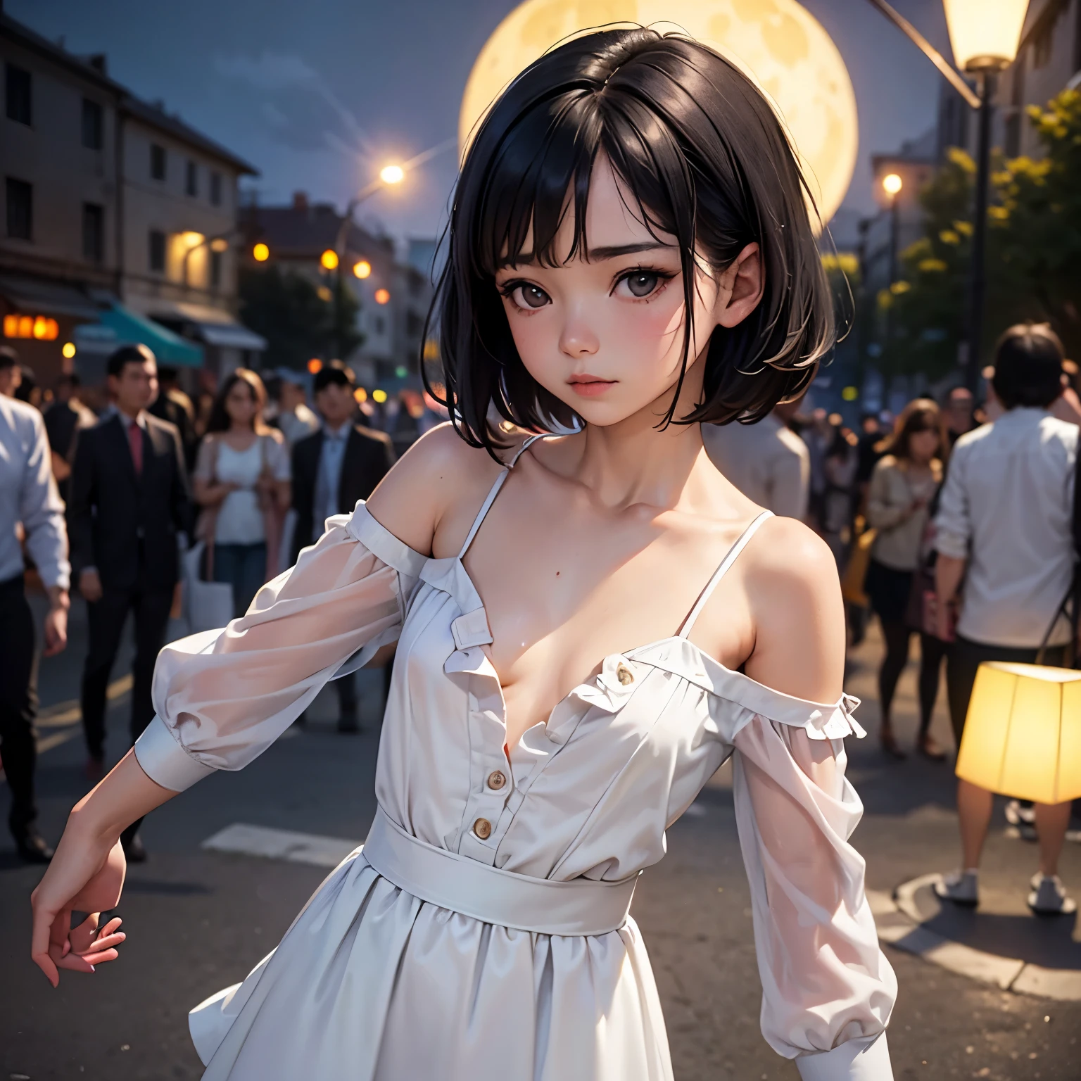 (Half Body Shot,Street lamp,moon),masterpiece, One girl, Solo Exhibitions, Beautiful small breasted woman on a busy street, Surrounded by peddlers, Beautiful Goddess Girl Portrait, Beautiful and elaborate face, Porcelain-like skin, (((Bust Shot, center, night, Black Hair, short hair)), Very soft lighting, Symmetric, complicated, grace, Attention to detail, realism, art, concept art,White clothes