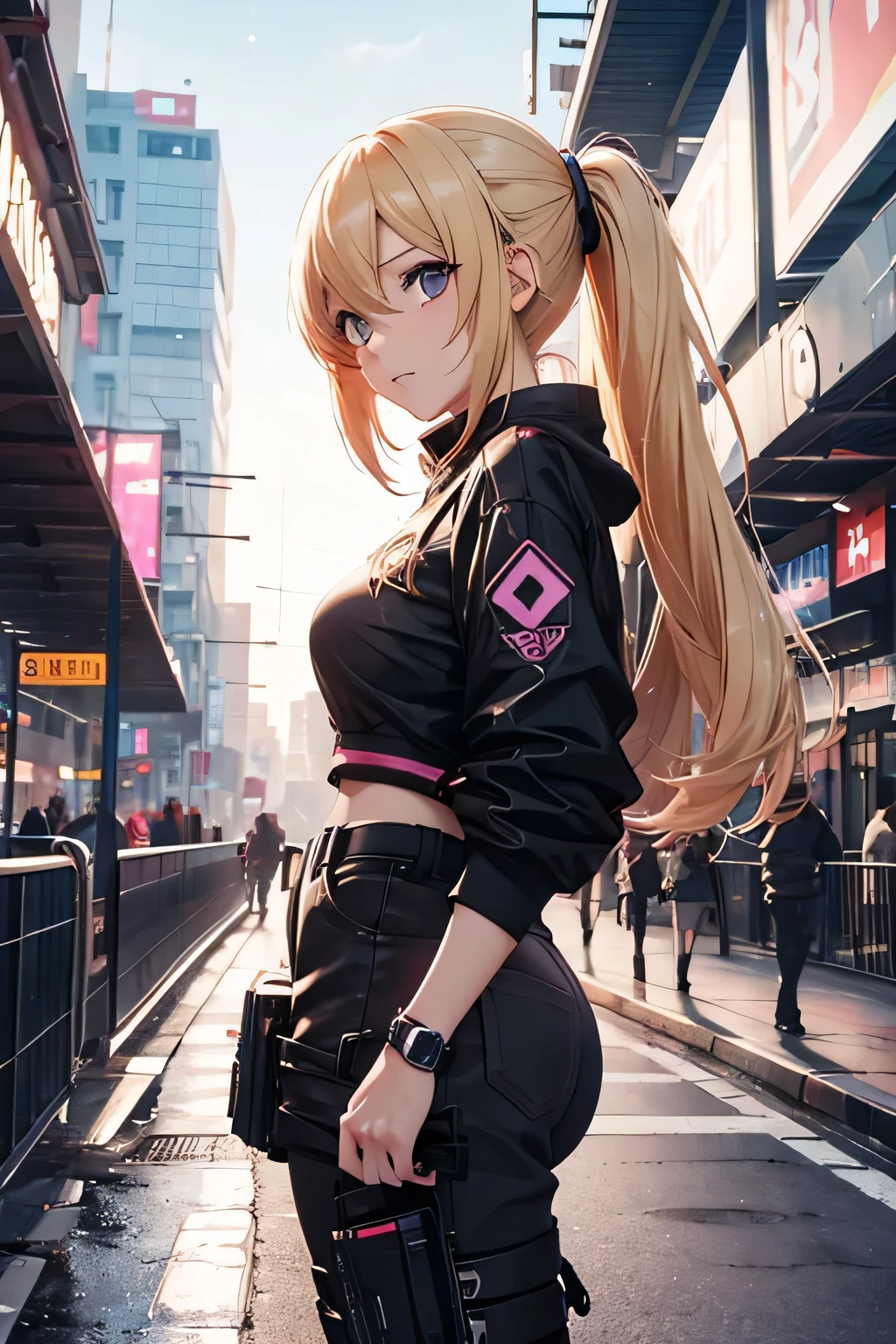 chica anime posando en una ciudad por la noche., oppai ciberpunk, anime ciberpunk art, anime ciberpunk, arte del anime ciberpunk, digital arte del anime ciberpunk, ciberpunk digital - arte anime, anime ciberpunk moderno, anime ciberpunk digital!!, mejor fondo de pantalla de anime 4k konachan, chica anime cyberpunk femenina, en la ciudad ciberpunk, tendencia en cgstation, mujeres ciberpunk in the subway usando armamento tipo fortnite