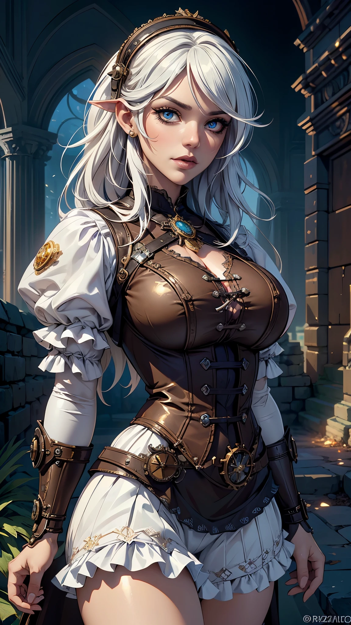 against the background of a fantastic steampunk city, (steampunk Lolita miniskirt :1.4) ,(vestido white Lolita :1.4),(cabello largo white canoso :1.4), expressive eyes, perfect face, dynamic scene, dynamic light, high quality, digital painting, golden ratio, award winning, professional, highly detailed, intricate, volumetric lighting, gorgeous, masterpiece, sharp focus, depth of field, unreal engine, perfect composition, digital art on pixiv, artstation, 32k, hdr, ,(Fondo de ruinas de mazmorra en ruinas:1.4 ), More detailed 8K.motor irreal:1.4,UHD,La mejor calidad:1.4, fotorrealista:1.4, textura de la piel:1.4, obra maestra:1.8,obra-prima, mejor calidad,objeto Objeto], (detailed face features:1.3),(Las proporciones correctas),(Ojos hermosos azules),  (pose vaquero)