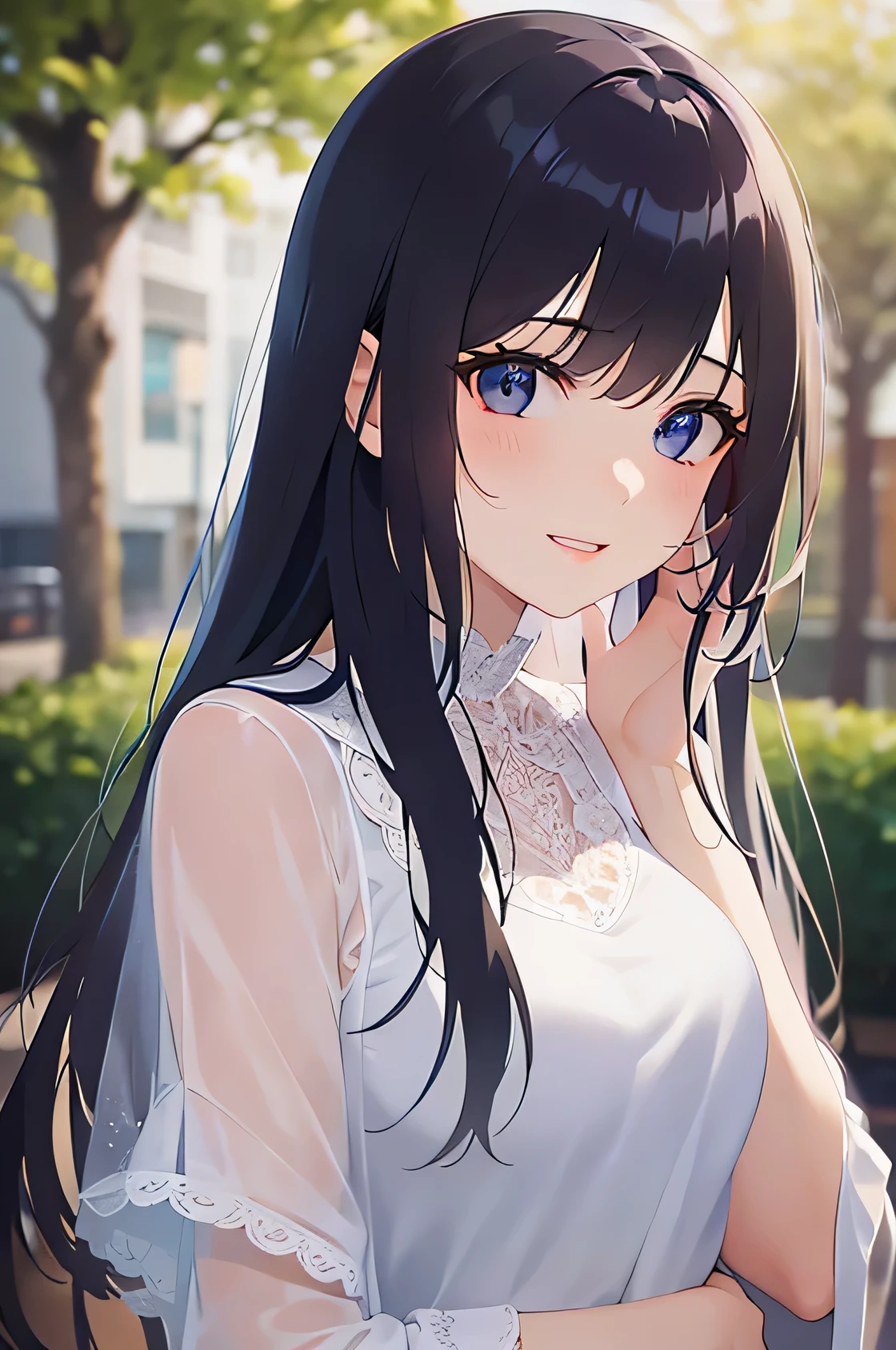 （White dress：1.5）、5 biologically correct fingers、front、Upper Body, Realistic, Real person, (Pale skin: 1.2), RAW Photos, Realistic, Portrait Photography, Shiny skin, Japanese Idols、Shiny Hair、(A 33-year-old woman with medium-length straight hair and bangs) and (A big smile）、Are standing、The background is a park with fresh greenery、Alone