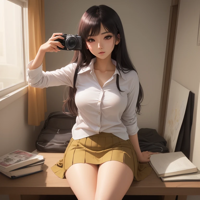 Arabian asian woman wearing skirt and shirt taking a photo, a Surreal , Surreal , Attractive anime girl, Photorealistic Animation, Real life anime girls, realistic Young Anime Girl, Beautiful Anime Girls, Beautiful anime school girl, Cute Anime Girl, Realistic young gravure idol, Smooth anime CG art, Young Anime Girl