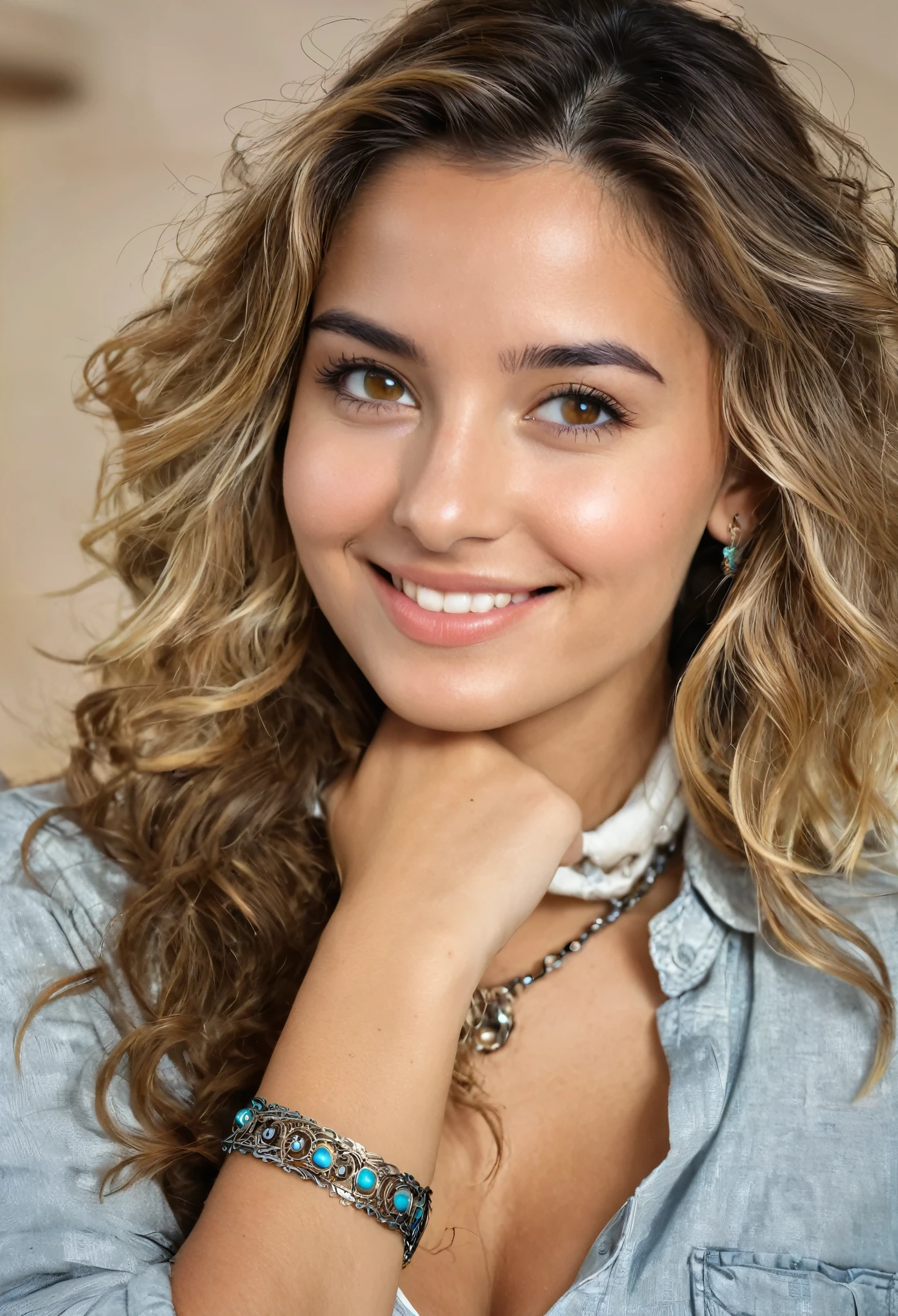 a 25 year old woman, solo, pelo largo y rizado, mirando al espectador, ojos detallados, shy smile,joyas, pechos medianos, pendientes, diafragma, belt, con camiseta ajustada,Chaqueta de mezclilla,,collar, pulsera, labios, brazalete, ((dynamic pose)), ((dynamic angle)),