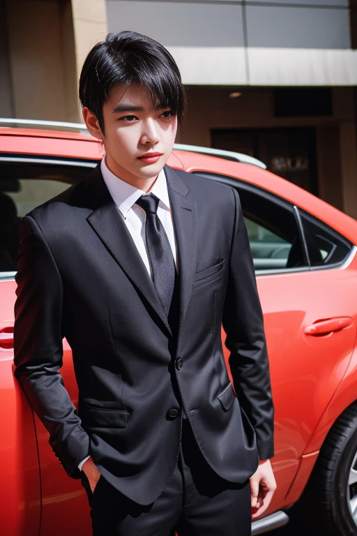 Asian male model on the street，and his wedding car，cool red car，SLR in hand，suit and tie