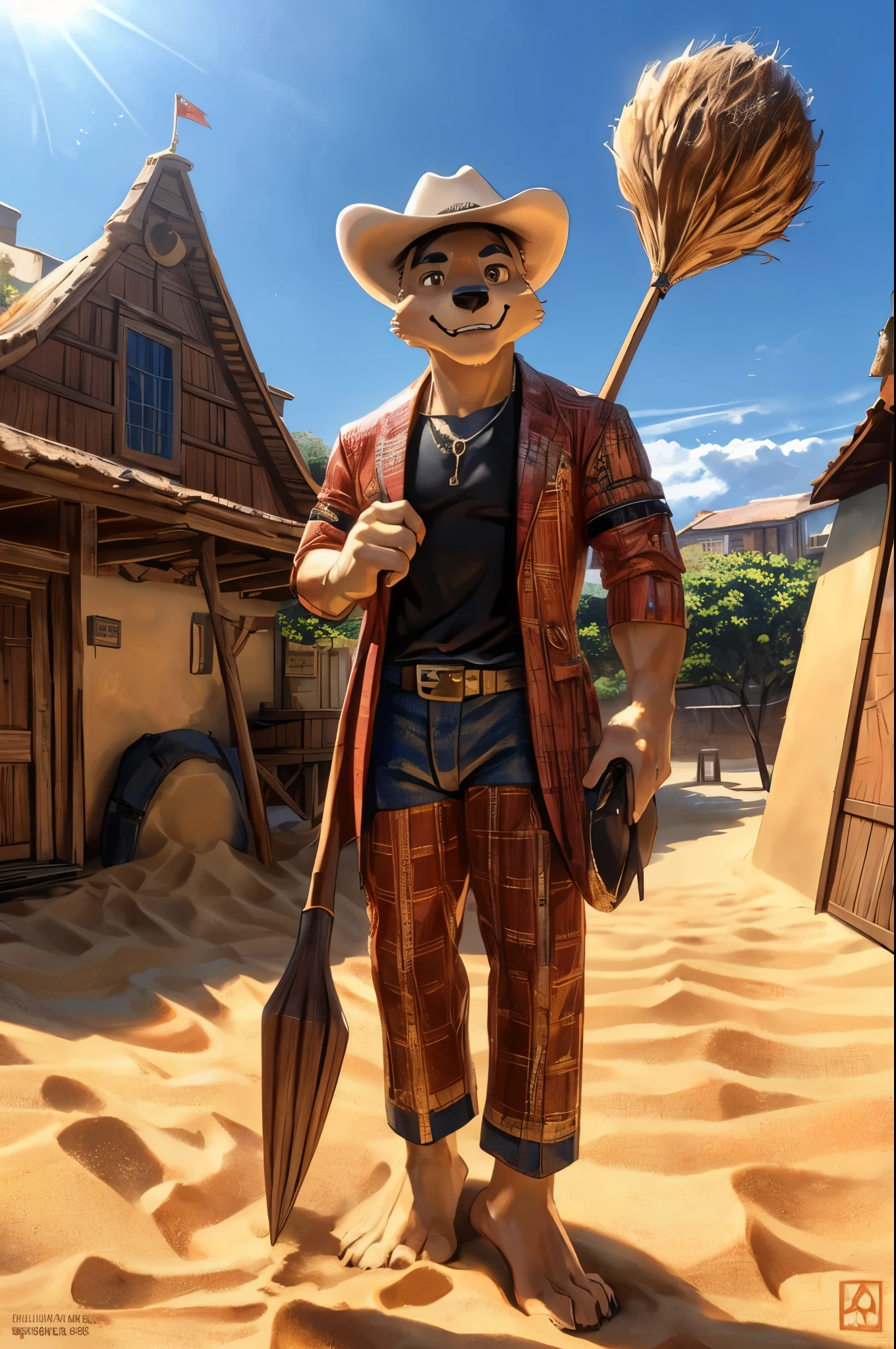 (((Barefoot furry character, full body, cinematic setting, furry male, plantigrade))) 

Dream on, little Broomstick Cowboy
Of rocket ships and Mars
Of sunny days and Willie Mays
And chocolate candy bars
Dream on, little Broomstick Cowboy
Dream while you can
Of big green frogs and puppy dogs
And castles in the sand

BREAK, nice soles, detailed background, 8K, (masterpiece:1.5), intricate details, highly detailed, extreme detail, octane render, fine art, best quality, highres, (detailed face:1.5), ((full_body)), UHD, (((perfect hands))), low light