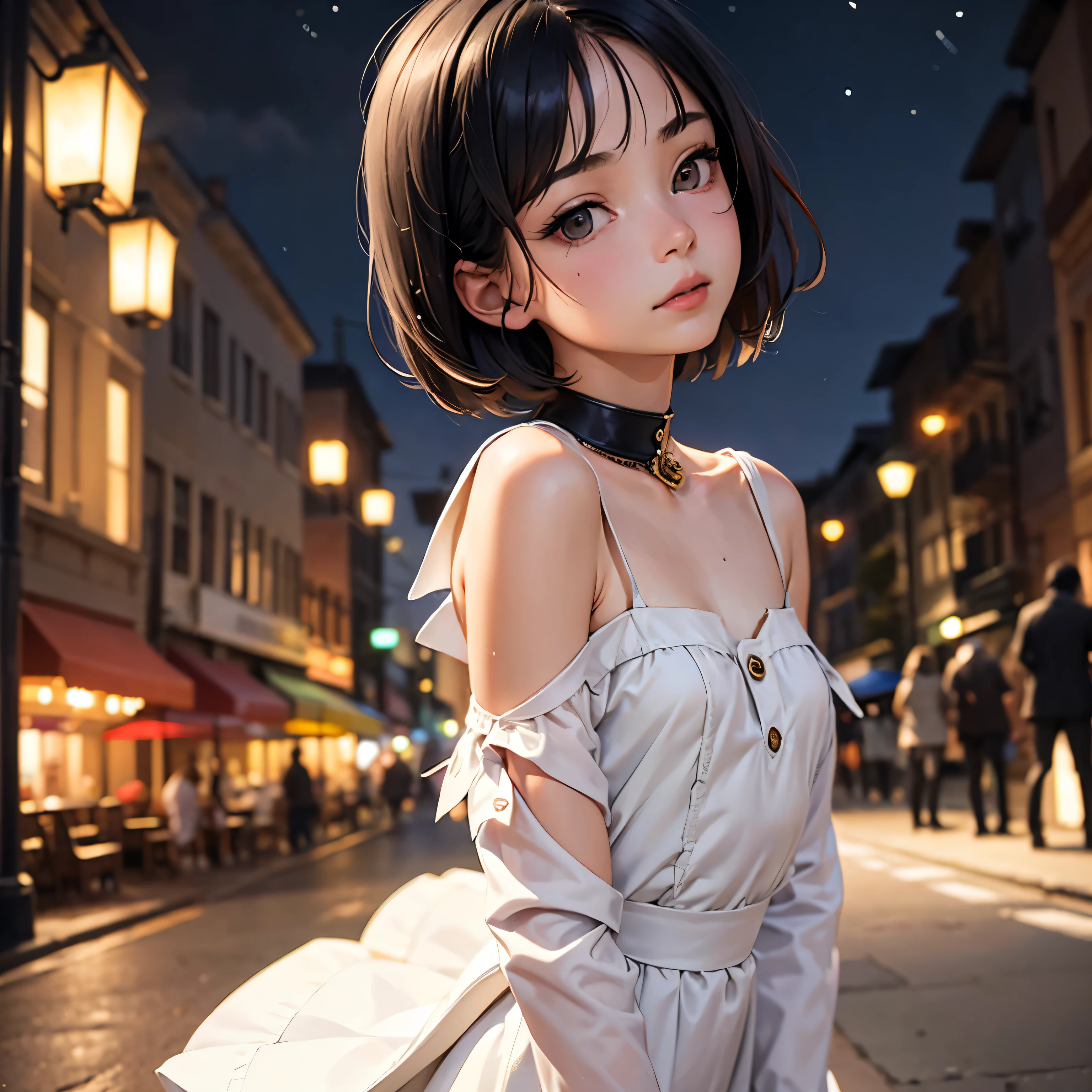 (Half Body Shot,Street lamp,moon),masterpiece, One girl, Solo Exhibitions, Beautiful small breasted woman on a busy street, Surrounded by peddlers, Beautiful Goddess Girl Portrait, Beautiful and elaborate face, Porcelain-like skin, (((Bust Shot, center, night, Black Hair, short hair)), Very soft lighting, Symmetric, complicated, grace, Attention to detail, realism, art, concept art,White clothes