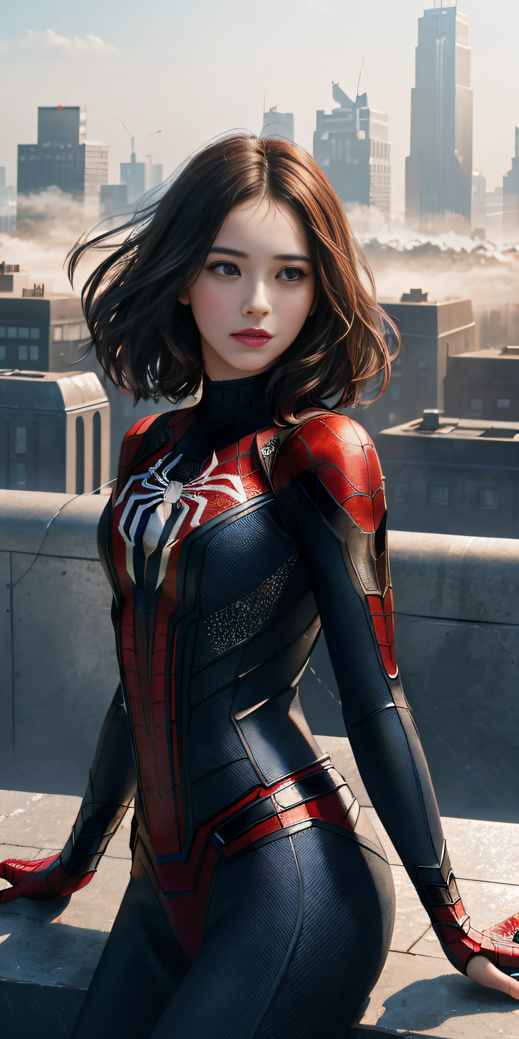 (1girl:1.3), Solo, (((Very detailed face)))), ((Very detailed eyes and face)))), Beautiful detail eyes, Body parts__, Official art, Unified 8k wallpaper, Super detailed, beautiful and beautiful, beautiful, masterpiece, best quality, original, masterpiece, super fine photo, best quality, super high resolution, realistic realism, sunlight, full body portrait, amazing beauty, dynamic pose, delicate face, vibrant eyes, (from the front), She wears Spider-Man suit, red and black color scheme, spider, very detailed city roof background, rooftop, overlooking the city, detailed face, detailed complex busy background, messy, gorgeous, milky white, highly detailed skin, realistic skin details, visible pores, clear focus, volumetric fog, 8k uhd, DSLR, high quality, film grain, fair skin, photo realism, lomography, futuristic dystopian megalopolis, translucent