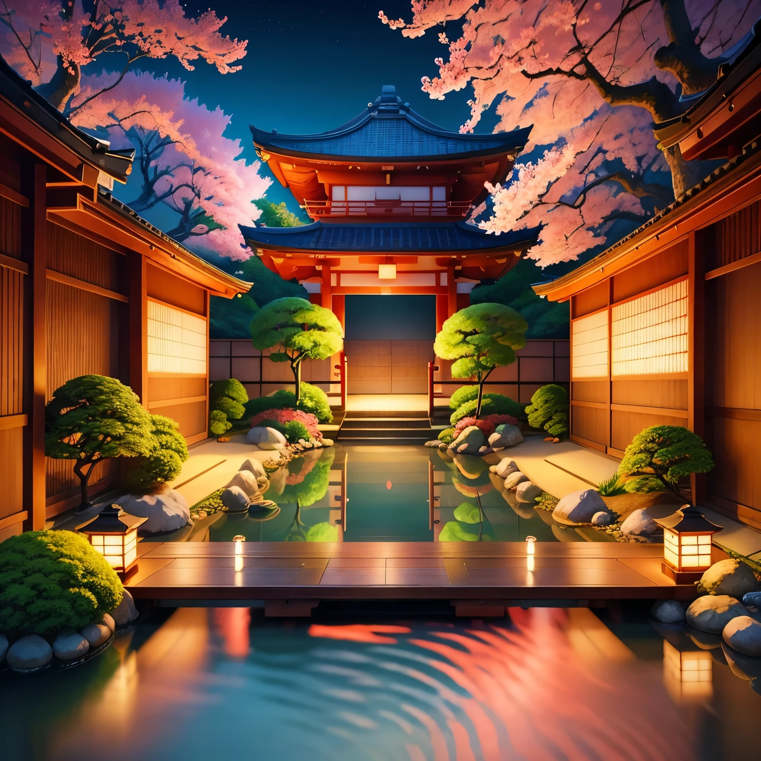 (digital painting),(best quality), serene Japanese garden, cherry blossoms in full bloom, koi pond, footbridge, pagoda, Ukiyo-e art style, Hokusai inspiration, Deviant Art popular, 8k ultra-realistic, pastel color scheme, soft lighting, golden hour, tranquil atmosphere, landscape orientation