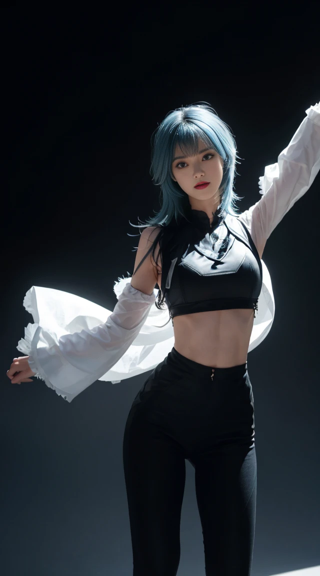8K, Top Quality, Intricate Details, Ultra Detail, Ultra High Resolution, Masterpiece, full body, Slender, Smile, (Makeup: 0.4), (Fluffy Blue Eyes: 1.21), blue Eyes, looking at viewer, ((full body)), 1girl, solo, 1 girl, (( full body)), close up shot, , ((tall)), (((fit body))), (((slim face))), sharp face, sharp eyes, (((light blue hair, bangs ,long hair )) , (detailed face), sharp face, small lips, standing, crossed arms,
(( )), ((crop top )), detailed face, detailed breast, , large breast, detail ass, , Beautiful girl with accentuated slender abs: 1.4, Six Pack Abs: 1.4, Bust Botox, Big, Perfect Body, detail leg, (( dark background)), black background, full body,