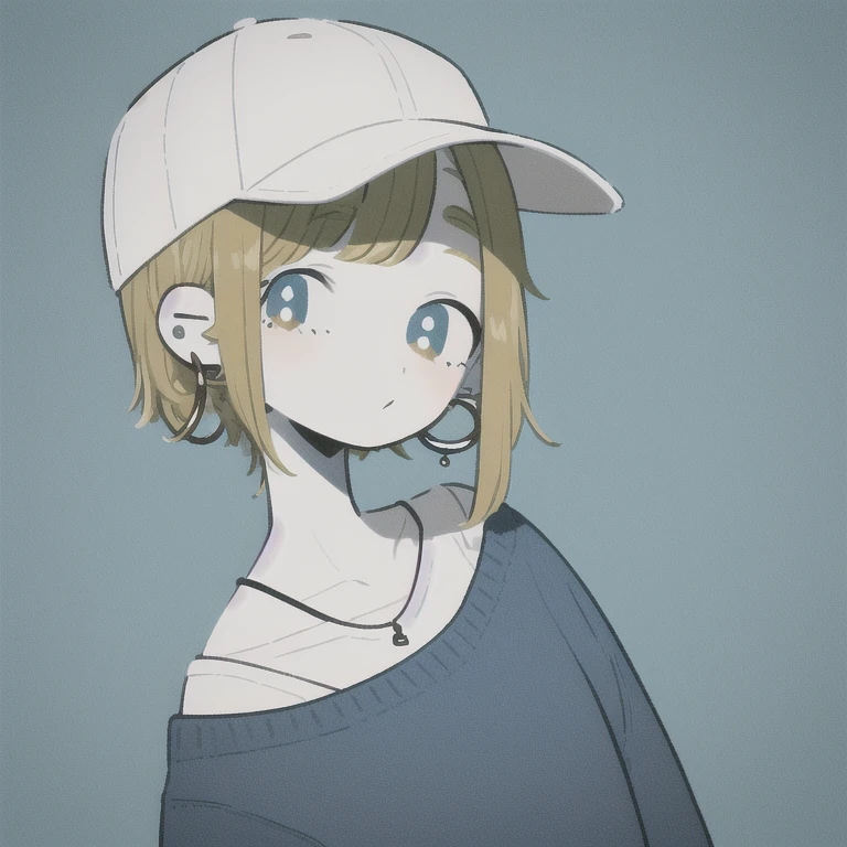 masterpiece, highest quality, One girl, Aqua Eye, Baseball cap, Blonde, Earrings, Blue background, Have, hoop Earrings, jewelry, View your viewers, shirt, short hair, Simple Background, alone, Upper Body,sweater