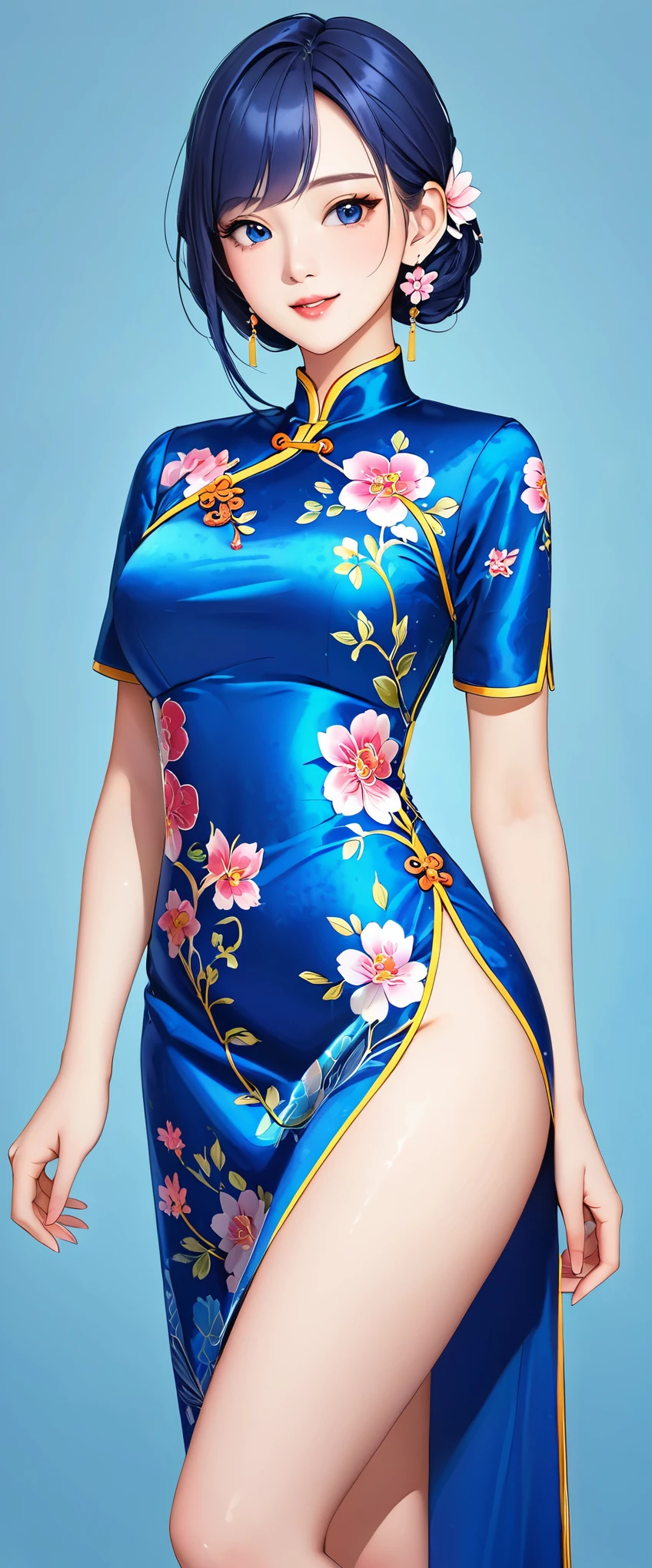 high resolution, mulher adulta , good lighting, despicable, , (((Cheongsam Azul Brilhante))), (()), ((())), (cinta-liga), just abdomen, (), , rosto fofo, eu'estou envergonhado e corado, humilhante, ((Turn around and look back)), (Costas em T)(a large amount is in the body,)