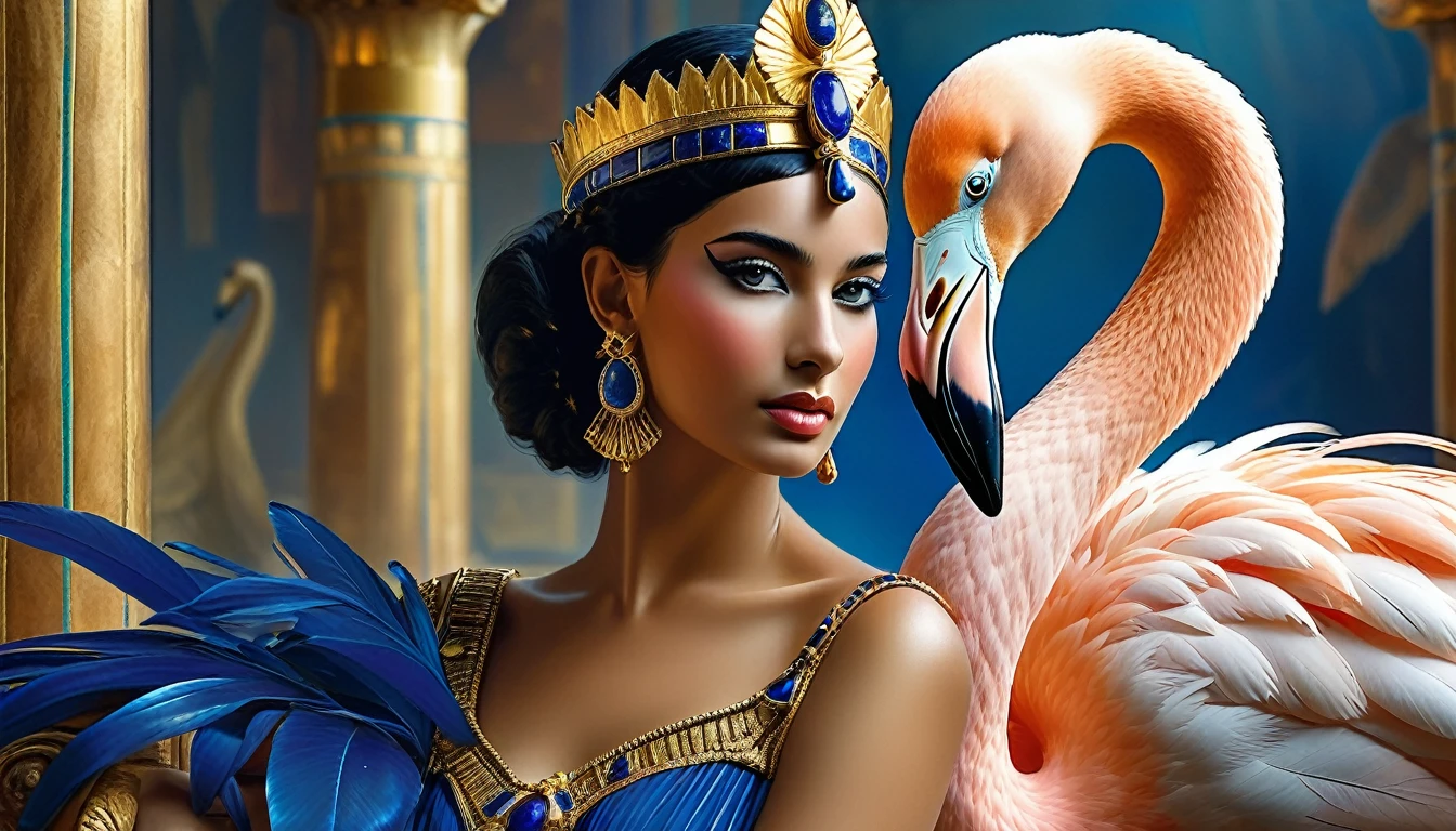 Imagine an intimate portrait of Cleopatra, with his penetrating gaze and a crown of gold and lapis lazuli. Um beija-flor, com penas que brilham como joias, paira perto de seu ombro, as a majestic flamingo leans delicately towards her, creating a composition that captures both royalty and Cleopatra's natural connection with her spirit guides.